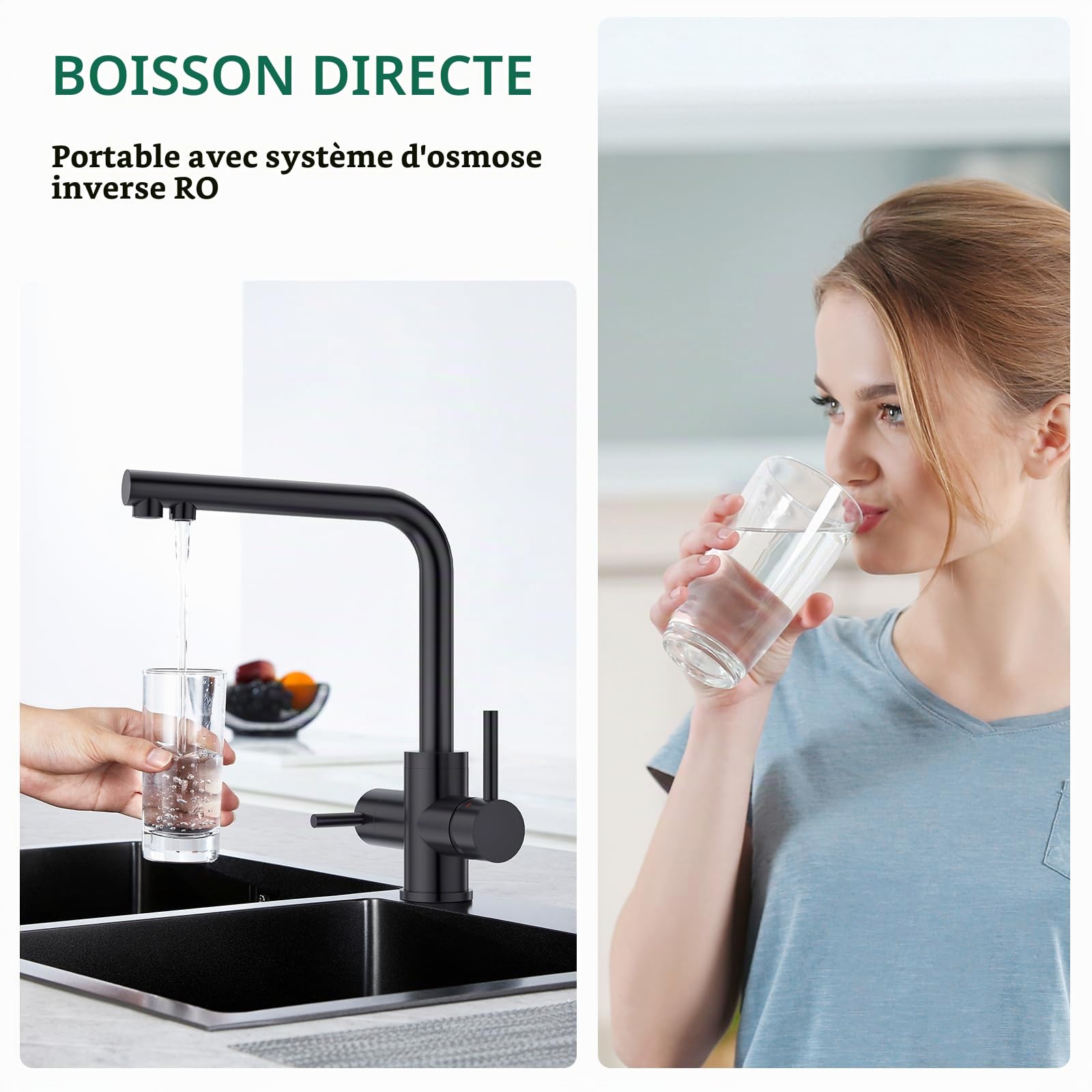 CREA Robinet de Cuisine 3 voies, Robinet d'évier rotatif à 360 °,Mitigeur 3 Voies Cuisine Avec 2 Leviers,3 en 1 Robinet Évier De Cuisine Avec Sortie Eau Filtrée,Noir Mat