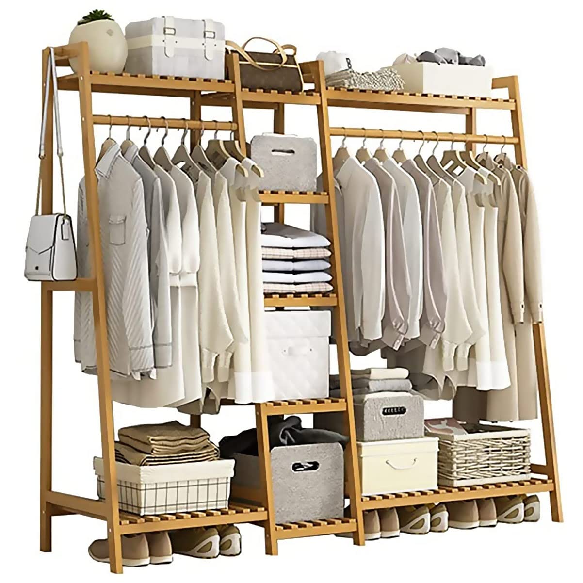 Heavy Duty Clothes Rack Garment Rail Shoe Bench Coat Stand Rack Hanger Solid Wood Clothing Garment Rack Double