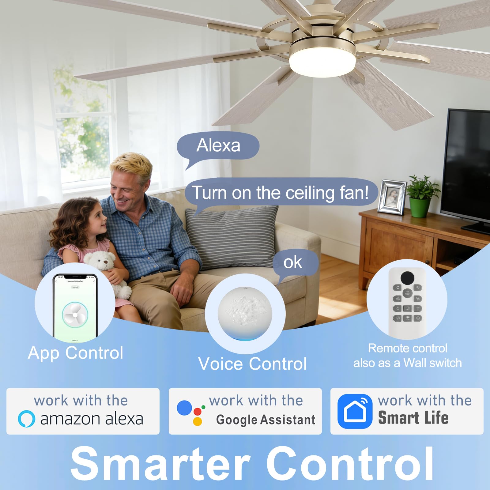 Inteligentny wentylator sufitowy 60", srebrne wentylatory sufitowe do użytku wewnątrz i na zewnątrz, ze światłami i pilotem zdalnego sterowania, kompatybilny z Alexa/Google/App, 3CCT