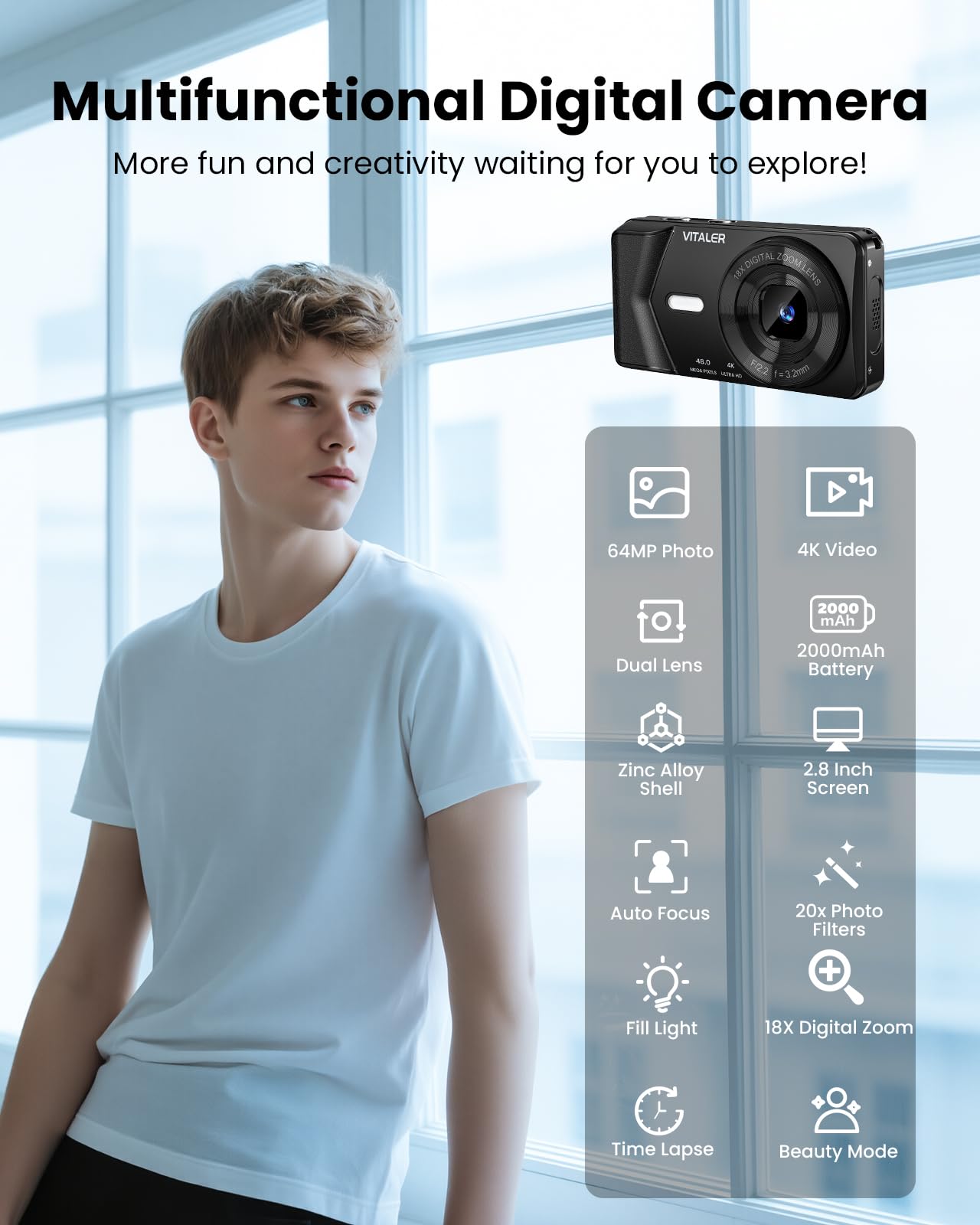 Fotocamera digitale, autofocus 48 MP 4 K fotocamera per fotografia con scheda da 32 GB, fotocamera digitale compatta portatile per adolescenti adulti principianti bambini con guscio in metallo