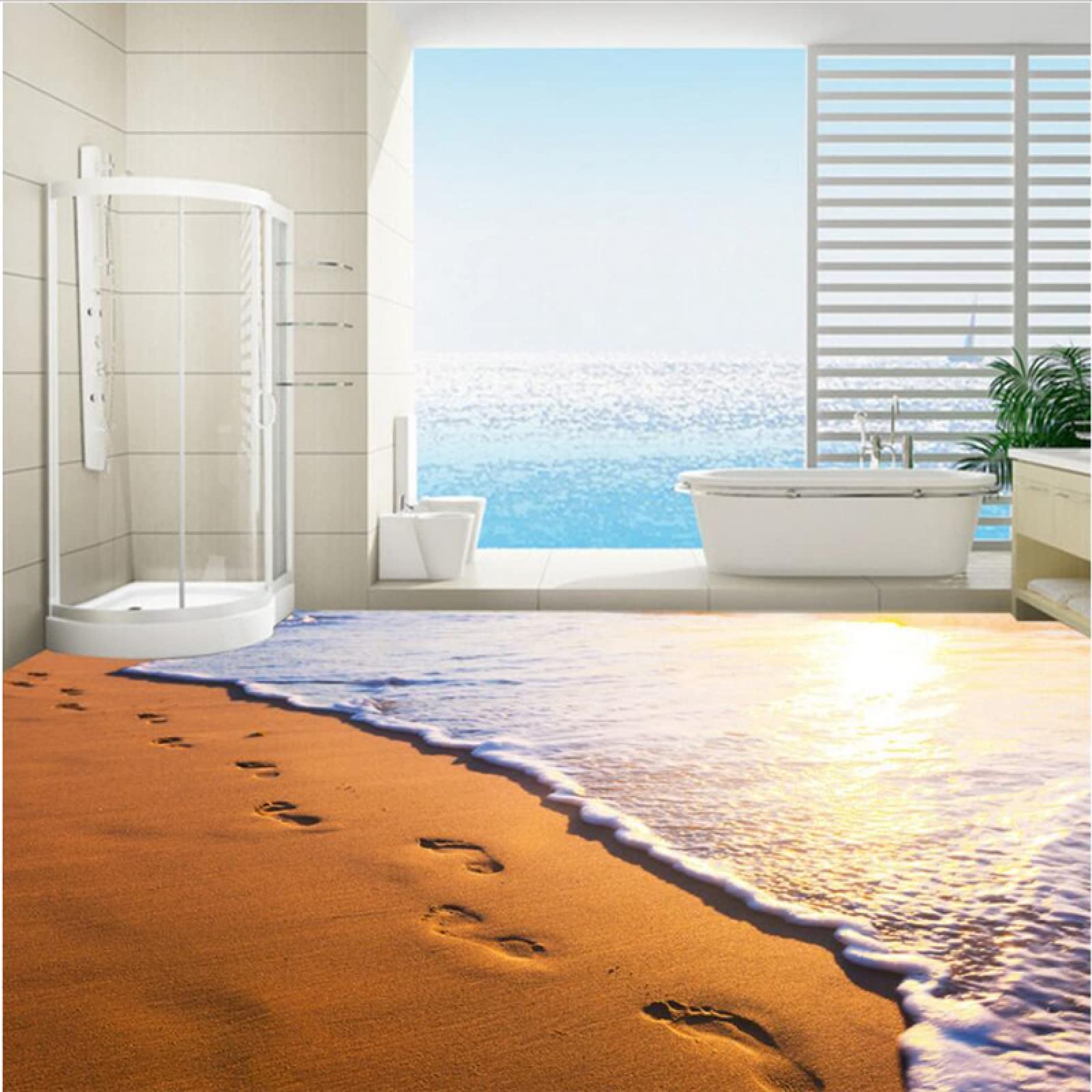 Calcomanías De Pared De Piso 3D Calcomanías Murales Extraíbles3D Piso Pegatinas De Pared Calcomanías Murales Extraíbles Personalizado Anochecer Playa Huellas Baño 3D Estéreo Impermeable Anti
