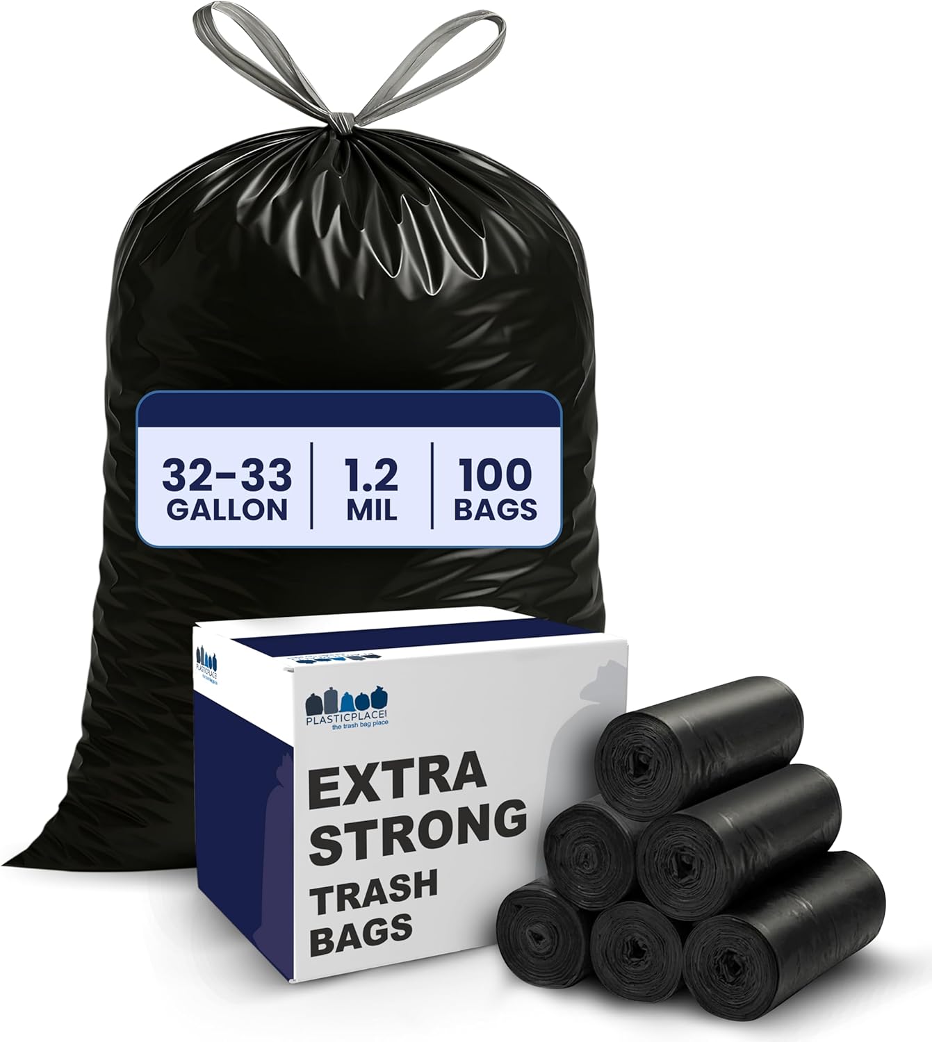 Plasticplace 32-33 Gallon Trash Bags │ 1.2 Mil │ Drawstring Garbage Can Liners │ 33” x 39”, Black, 100 Count
