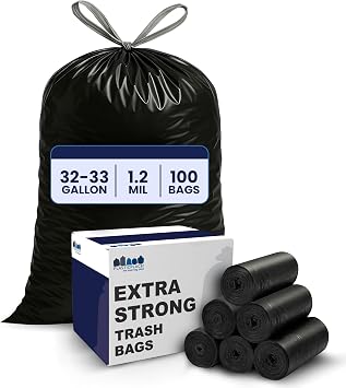 Plasticplace 32-33 Gallon Trash Bags 1.2 Mil Drawstring Garbage Can Liners 33 x 39, Black, 100 Count
