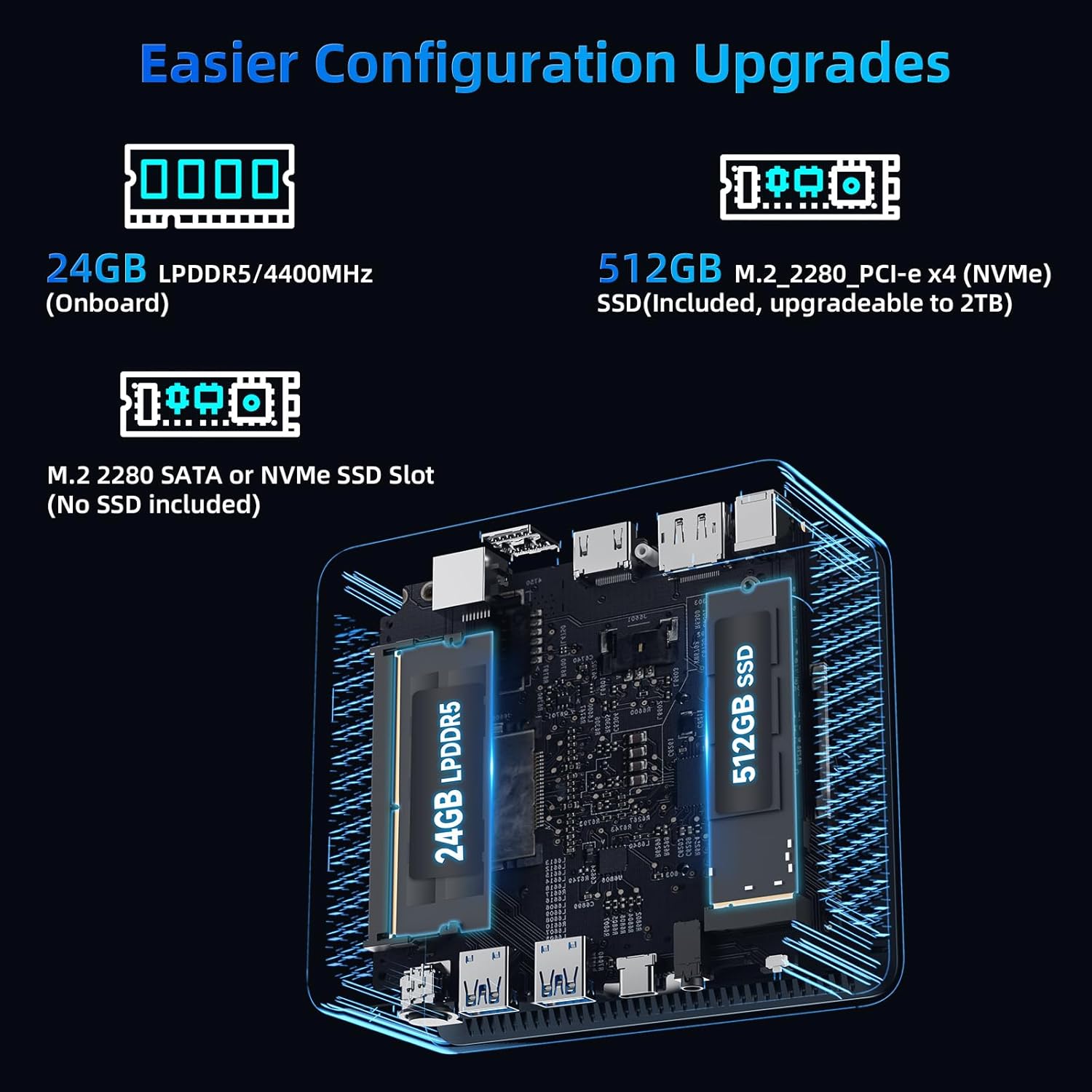 Bmax B9 Plus Mini PC internal components showing LPDDR5 memory and NVMe SSD slots