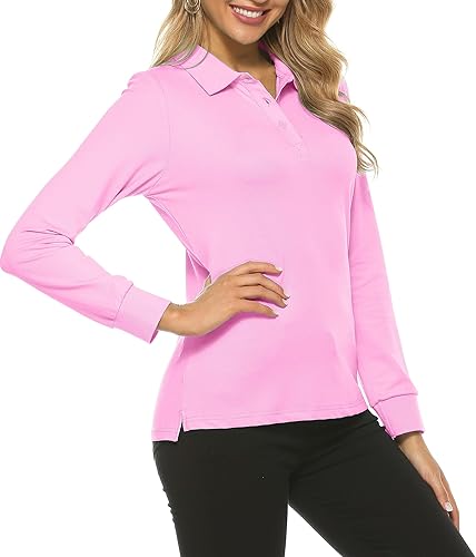 AjezMax Polo de golf de manga larga para mujer, ligero, de secado rápido, absorbe la humedad, atlético, tenis, deportes, 3 botones