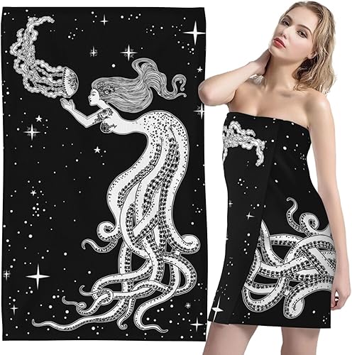 Dujiea Toalla de playa de microfibra, toallas de baño grandes vintage de pulpo de sirena para mujeres y hombres, toallas de baño de secado rápido,