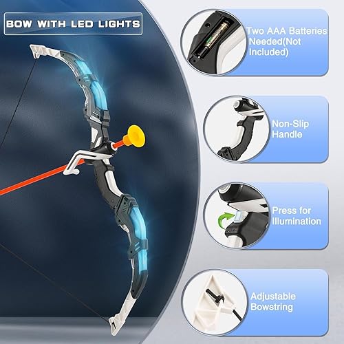 Miniatura 2 de Juego de arco y flecha para niños, paquete de 2 unidades con luz LED con 20 flechas de ventosa, juguete para interiores y exteriores para niños y