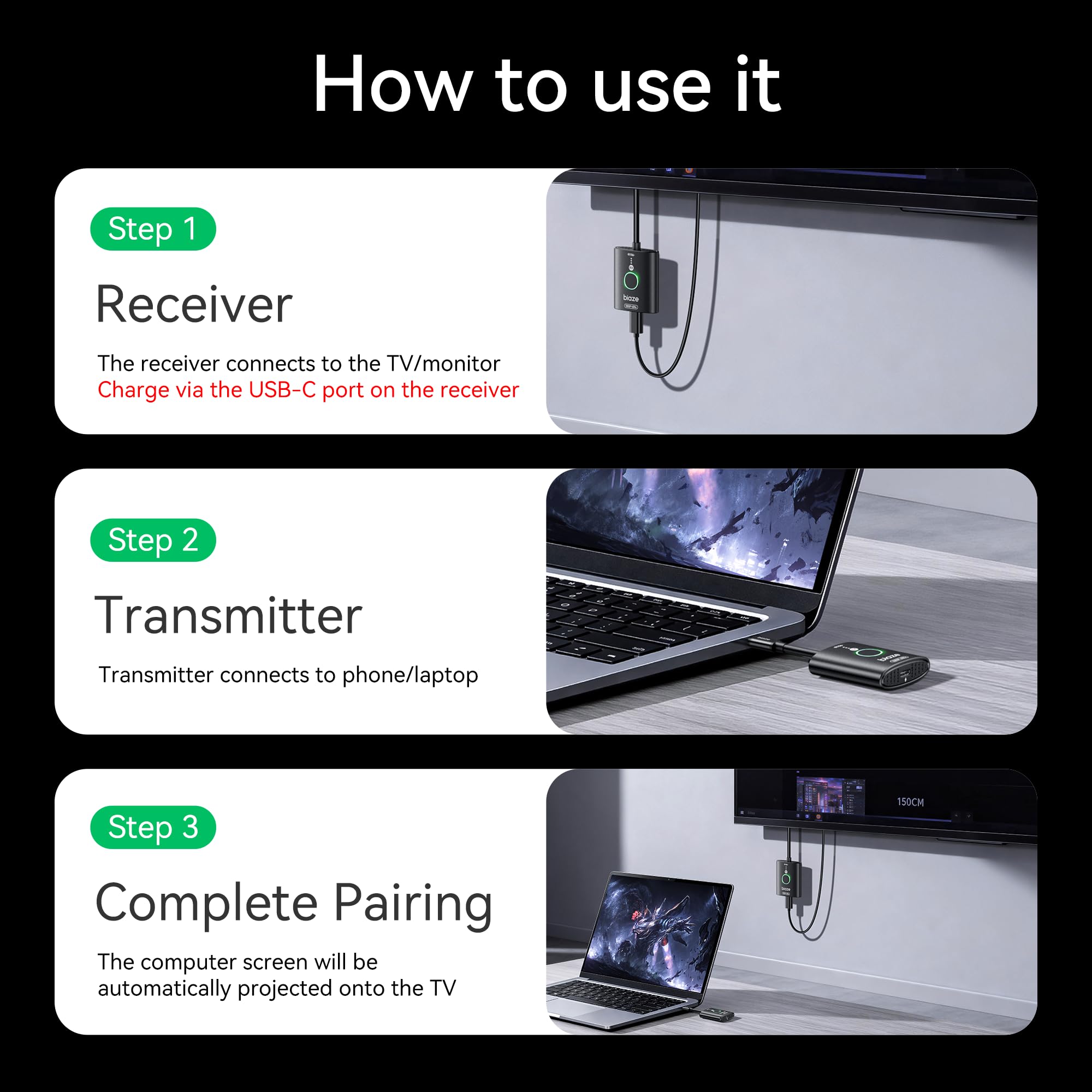 Transmisor y receptor HDMI inalámbrico, no requiere conexión WiFi. TX es USB C.No requiere instalación del controlador, 2,4/5,8 GHz para 1080P de vídeo inalámbrico desde el ordenador portátil