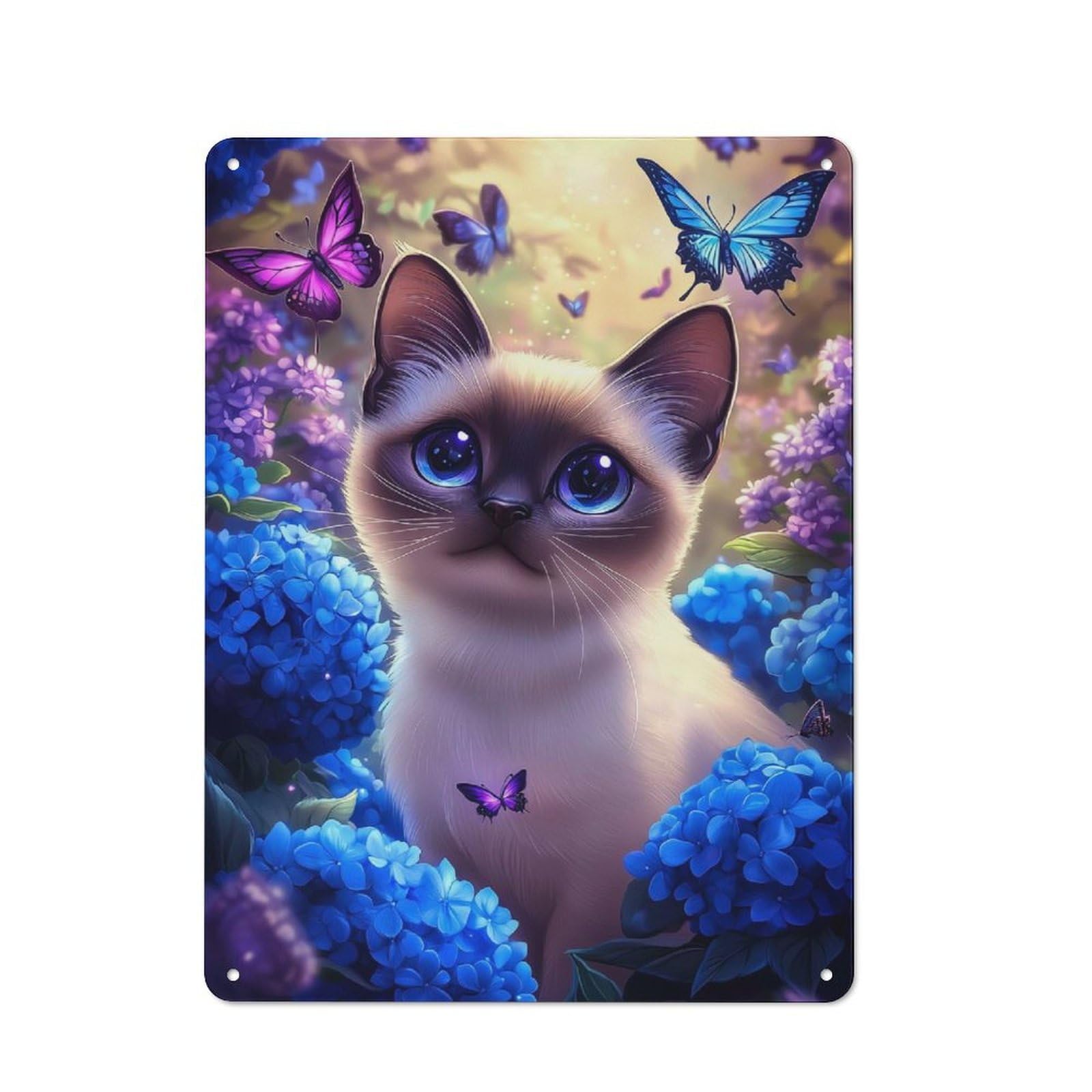 Junmoney Style-13 Metal Sign 40X30cm With Siamese Cat With Butterflies And Flowers For Workshop Wall, Vintage Decor, For Vintage Wall Decor Fans, For Metal Sign Collectors