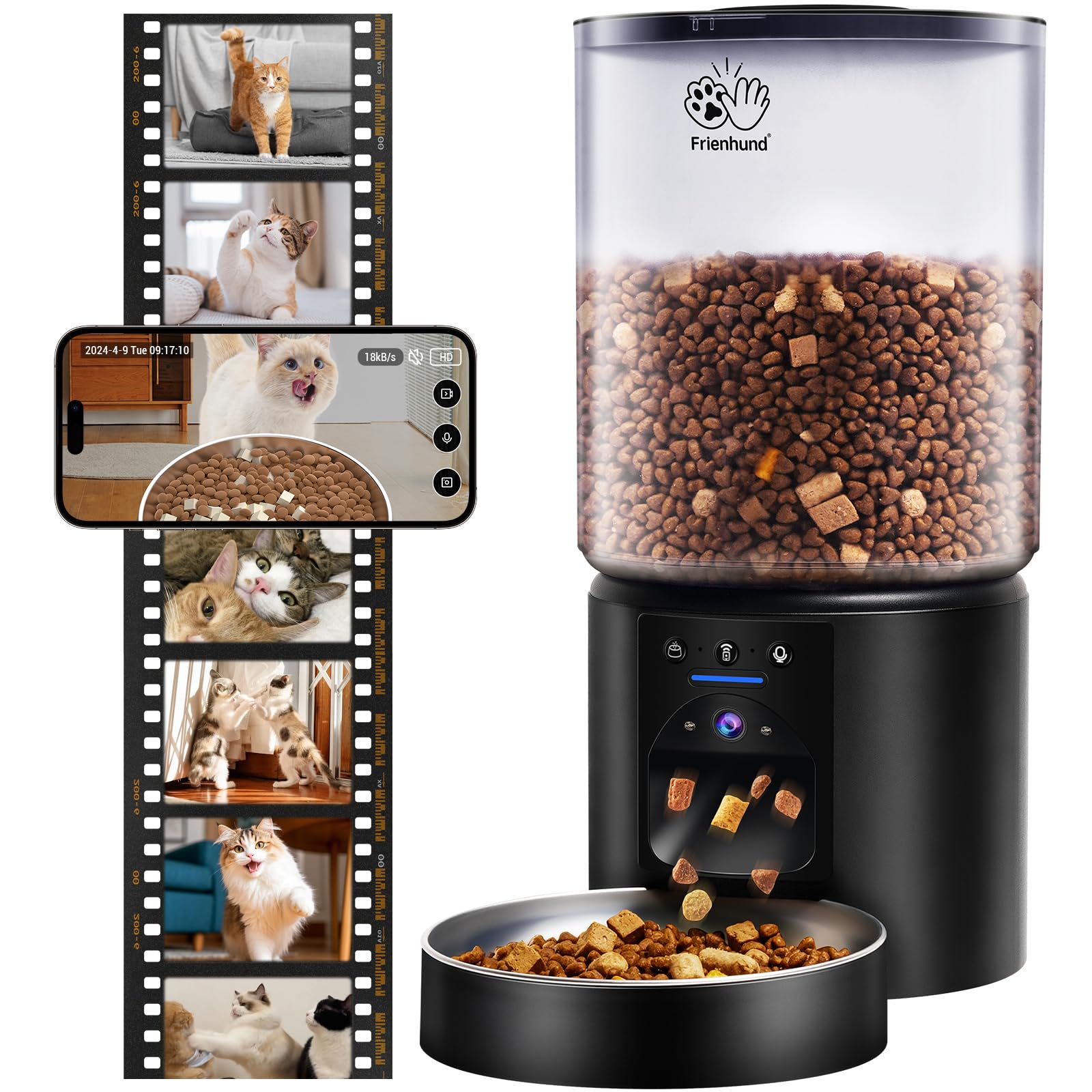 Frienhund 5L Automatic Cat Feeder with 2K HD Camera: 5G WiFi Automatic Dog Feeder with Night Vision,Cat Food Dispenser with Freshness for Multiple