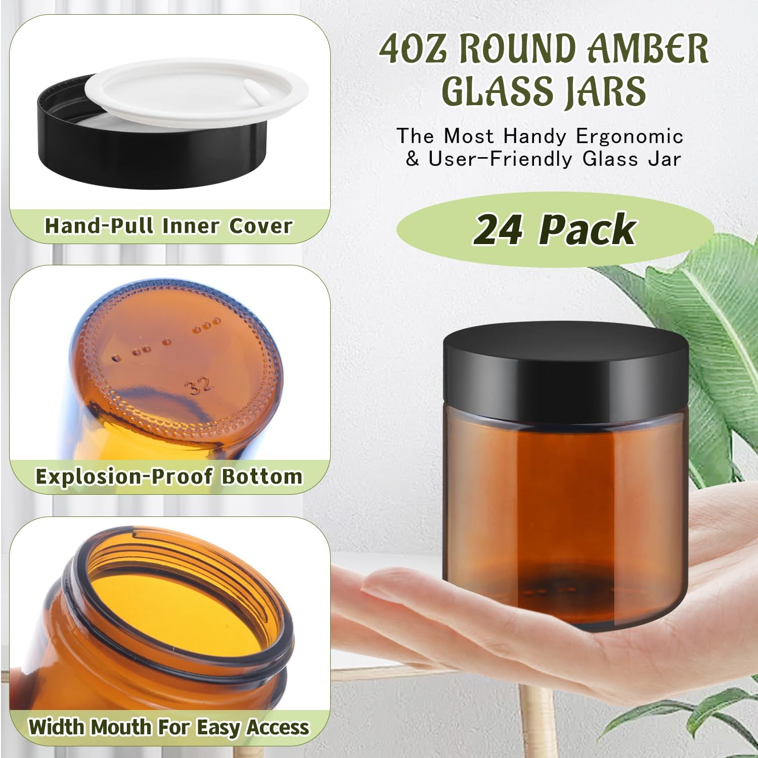 Small Glass Jars with Black Lids,24 Pack Amber Empty Round Glass Jar with Inner Liners for Creams,Lotions,Body Butter,Salves Ointments,Bath Salts,Powders,Travel Liquid Container (4oz)