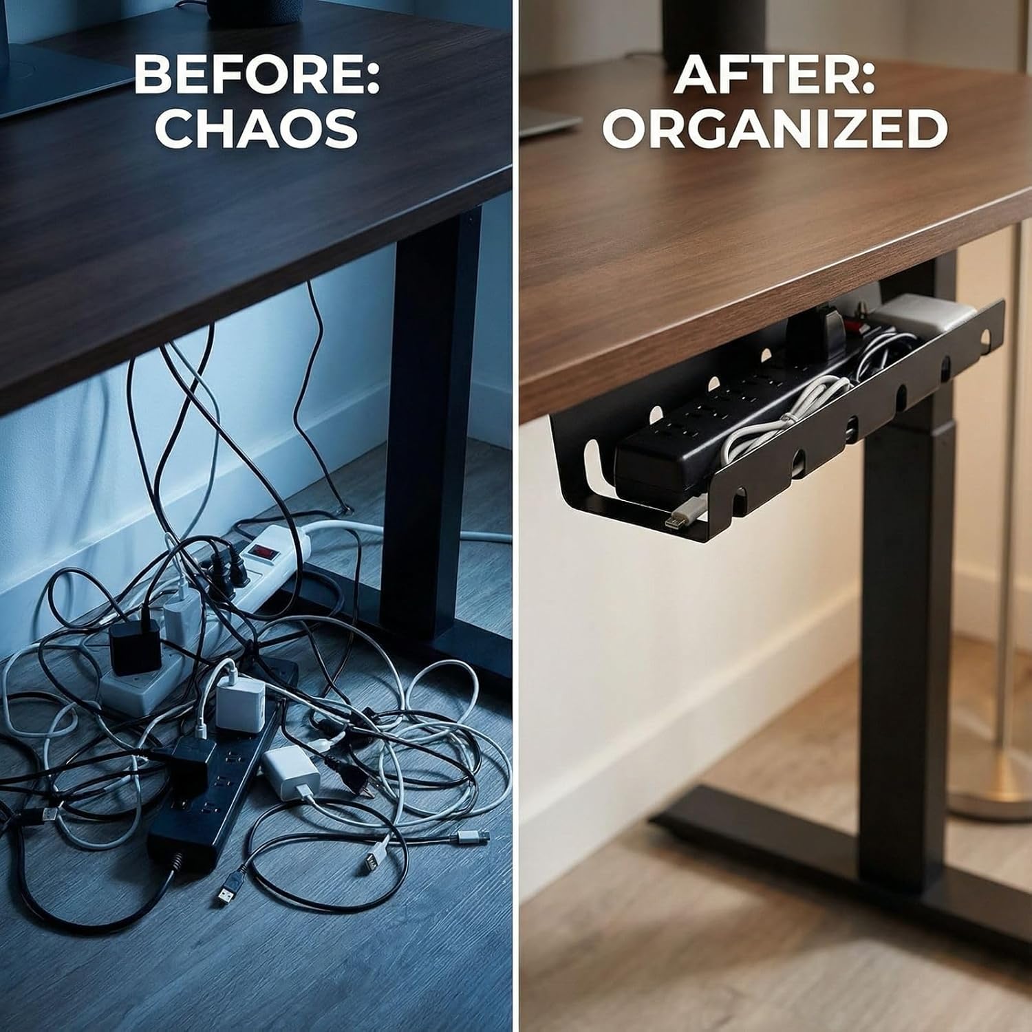 Herrlich Homes Cable Management Under Desk for Easy mounting Under-Table I Metal | Set of 1 - with Cable Ties I Desk Organizer for Office/Home Table Thoughtful Cable Tray Holder