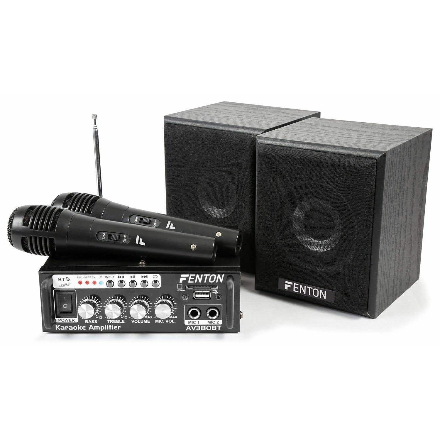 Fenton AV380BT Juego de Karaoke Plug & Play con 2 micrófonos, Juego de Altavoces y un Amplificador de 2 x 40w con Bluetooth y Reproductor de MP3 con Lector USB y SD