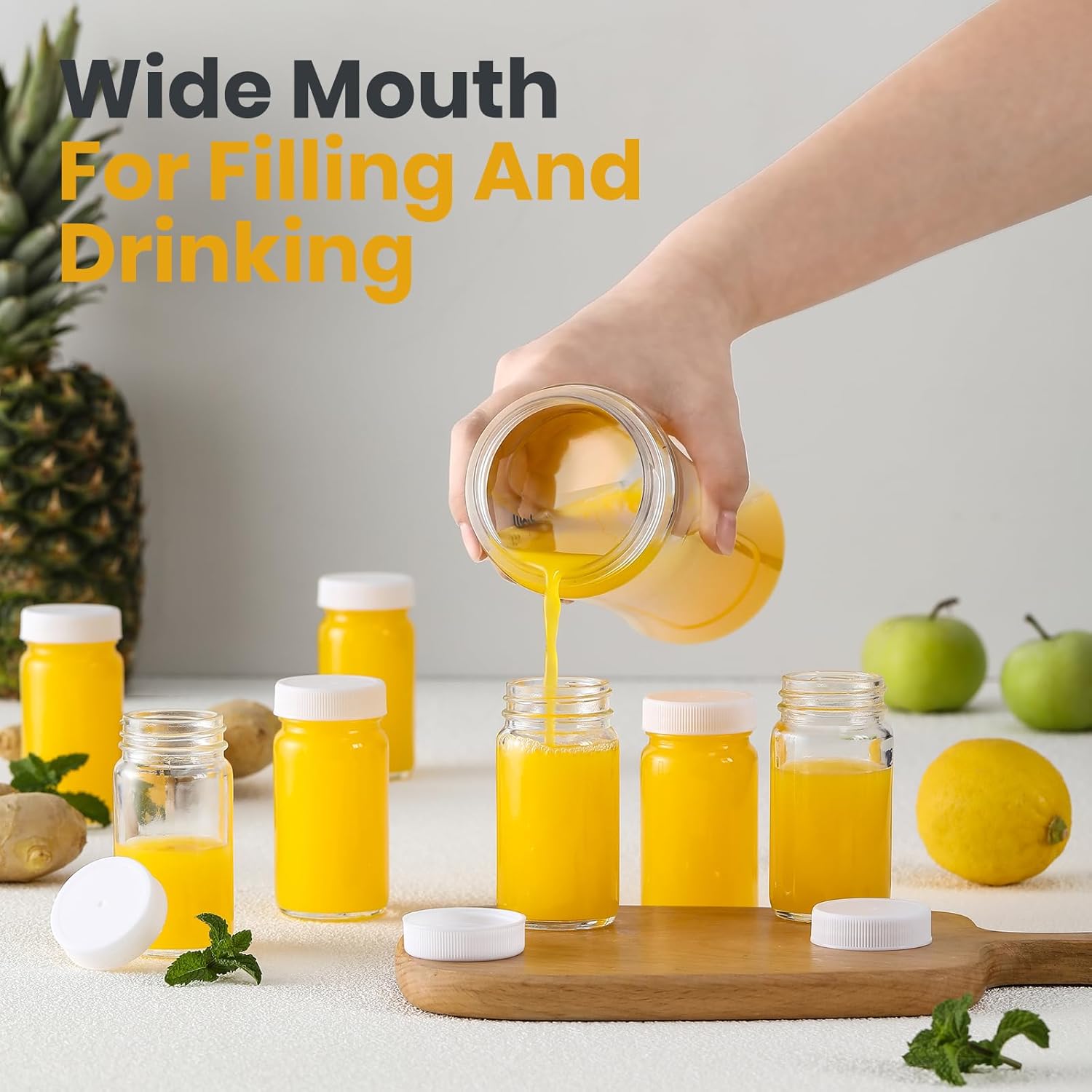 20 Pack 2 oz Glass Shot Bottles w/ White Lids & 20 Labels - Small Clear Jar for Ginger, Wellness Shot, Juice, Sample, Whiskey - Travel Essentials Mini Bottles - Wide Mouth, Leakproof, Dishwasher Safe - Image 4