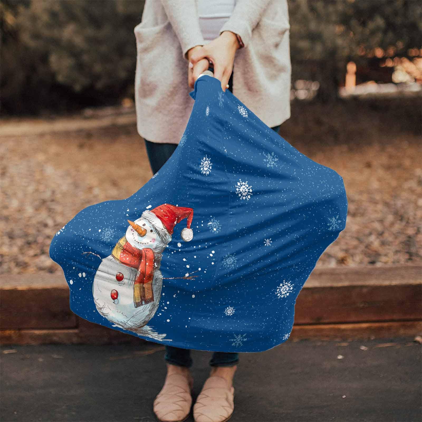 Nursing Cover for Breastfeeding Scarf, Navy Blue Snowflakes Hand Drawn Snowman Winter Baby Car Covers Super Soft Multi Use for Canopy Shopping Cart Cover Blanket Stroller Cover