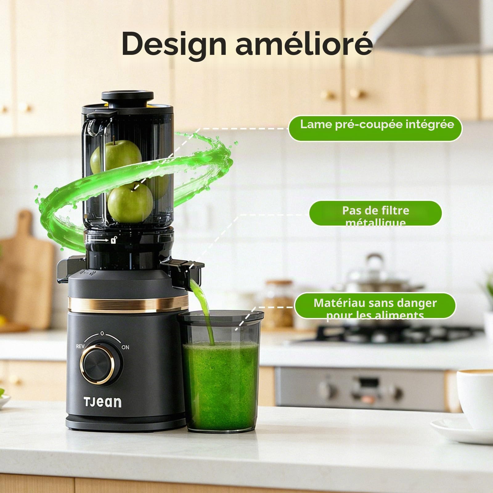 Extracteur de jus à froid lent TJean 110 mm pour fruits et légumes entiers, haut rendement, faible consommation d'énergie