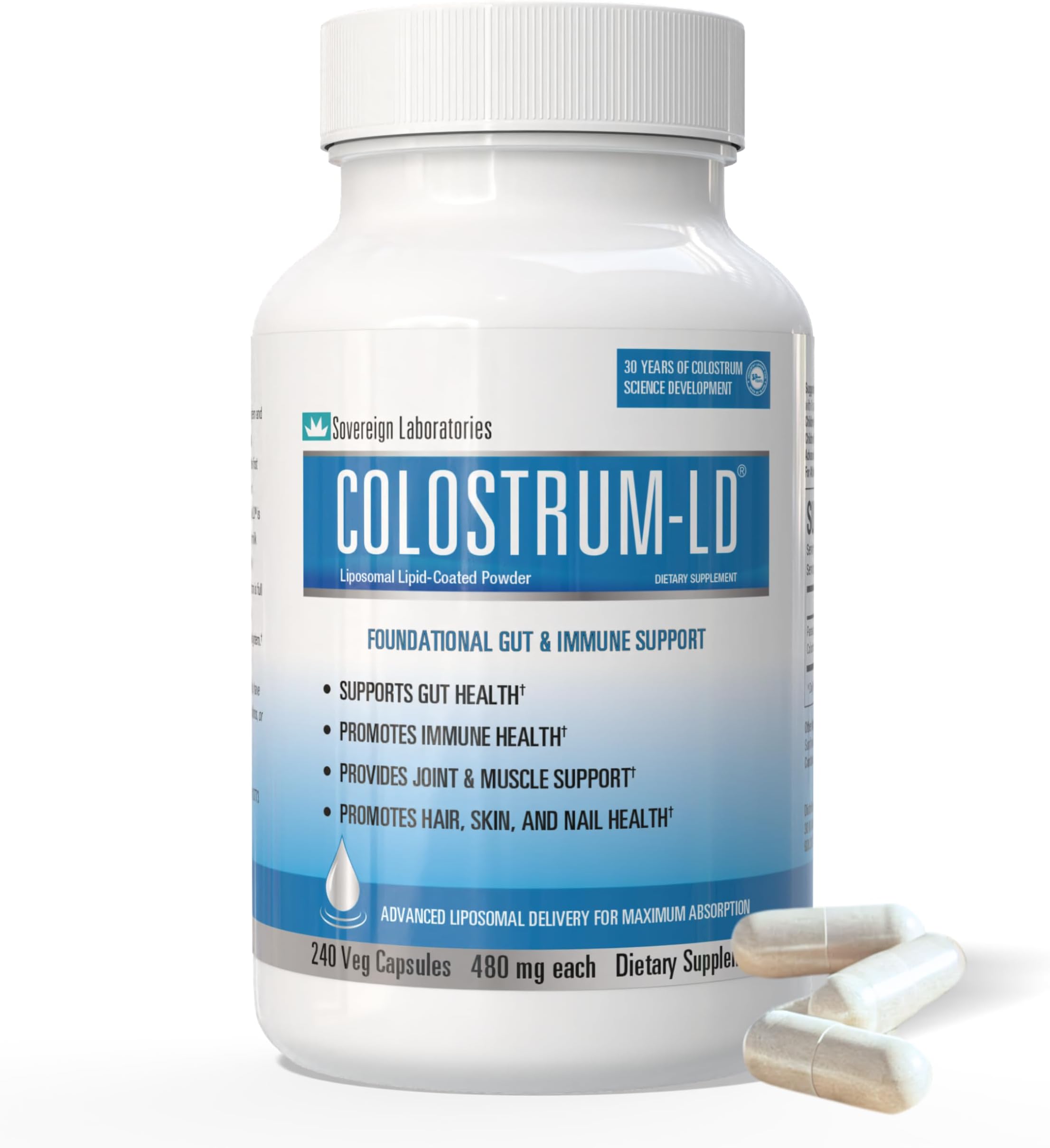 Advanced Absorption Liposomal Colostrum Capsule - 480mg / 240 Capsules - Proprietary LD Liposomal Delivery™ Provides up to 1500% More Bio-Availability Over Regular Colostrum