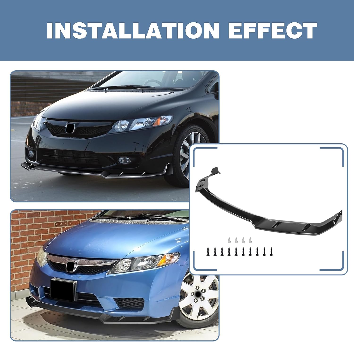 Front Bumper Lip fit for Honda Civic Sedan DX/EX/GX/LX/Si 2009 2010 2011,GT-Style Splitter Trim Protection Spoiler,3-Piece Glossy Black Front Lip