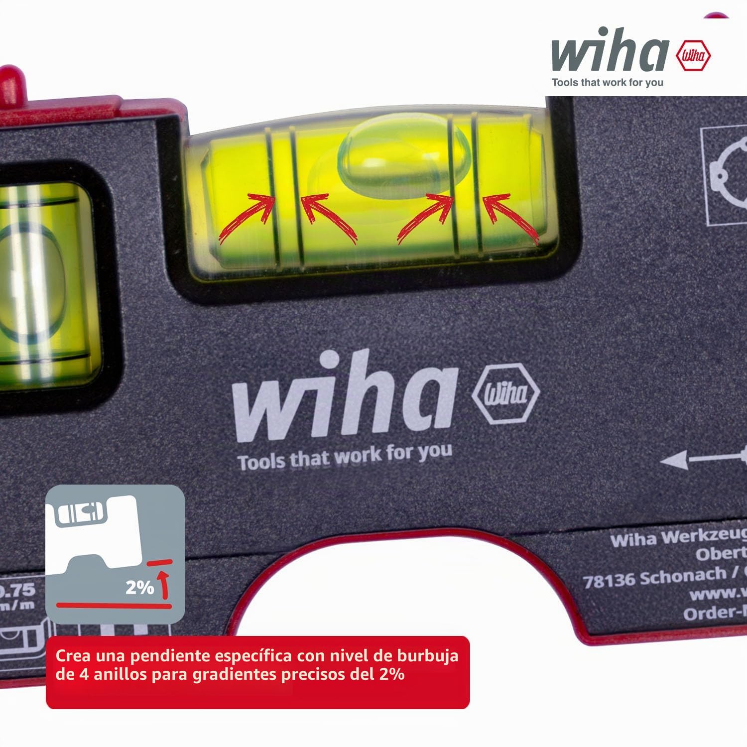 Wiha Mini nivel de burbuja Pocket I 10 cm con imán I Herramienta electricista para enchufe I Nivel horizontal de 4 anillas + nivel vertical para una alineación precisa I Nivel magnético (46957)