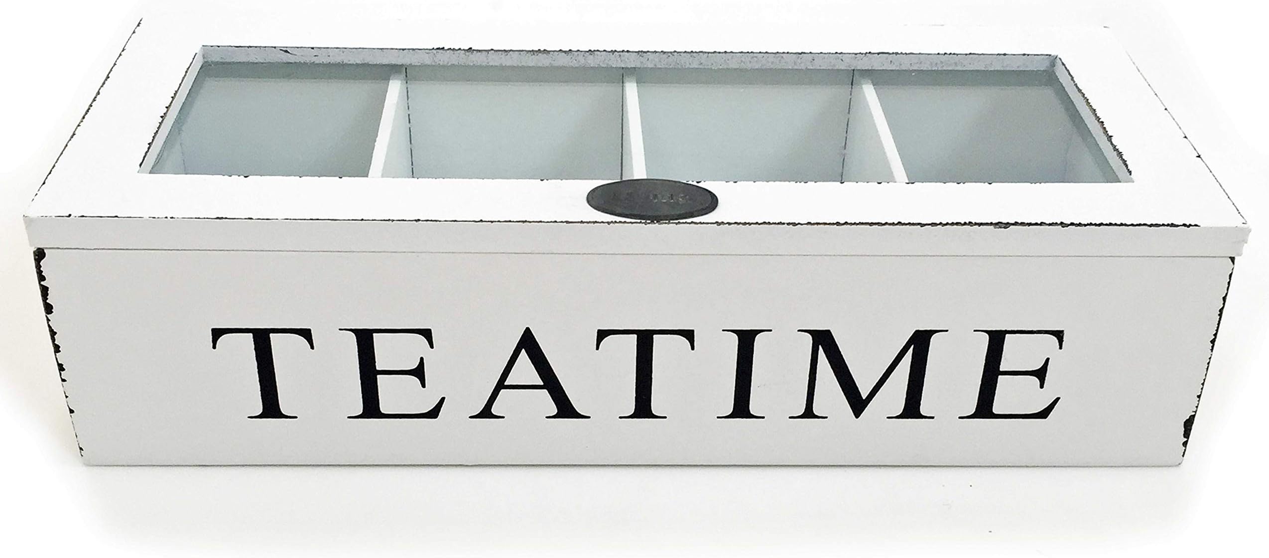 WHW Whole House Worlds Tea Time Chest, 10.8 x 4.3 x 2.8 Inches, Distressed Wood, Glass Top, 4 Compartments for Tea Bags 3.7 Long x 2.5 Wide x 2.3 Deep Inches, Rustic White