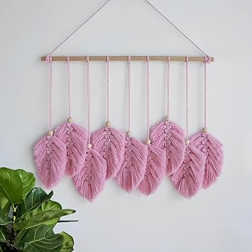 VEKALON Macrame Art Tapestry - Boho Chic Woven Wall Hanging Decor for Living Room, Modern Bohemian Feather-Shaped Decorations for Apartment, Home, and BedroomPink