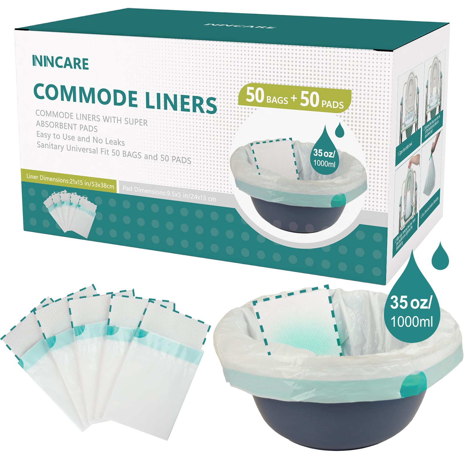 ININCARE Commode Liners with Absorbent Pads，Value Pack 50 Count Universal Fit，Disposable Bedside Commode Liners and Pads for Adult Portable Toilet(50Bags + 50Pads)