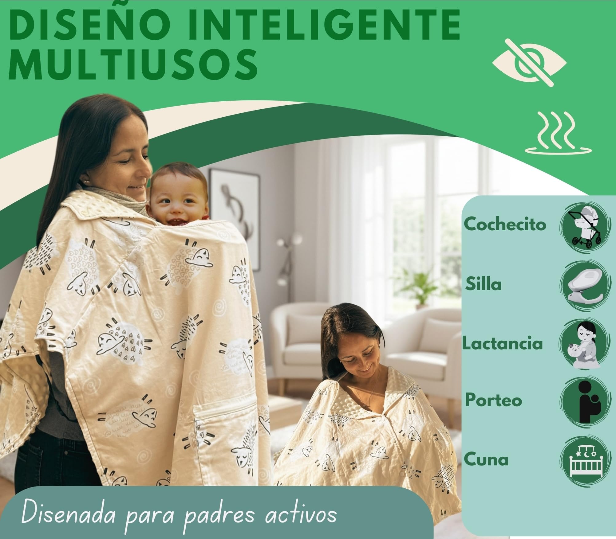 Parasol Carrito Bebé Universal 4 en 1 – Manta Reversible Algodón & Minky | Protección Solar, Viento y Lluvia | Cobertor Lactancia, Porteo y Cochecito | Incluye Clips y Gancho
