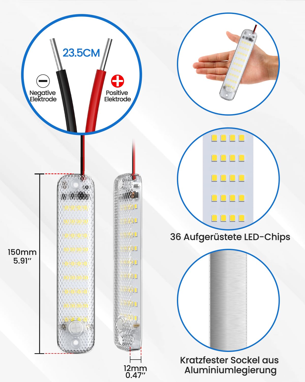 Luxvista 12V LED Innenbeleuchtung - 4 Stück 36 LED Leisten Mit Schalter