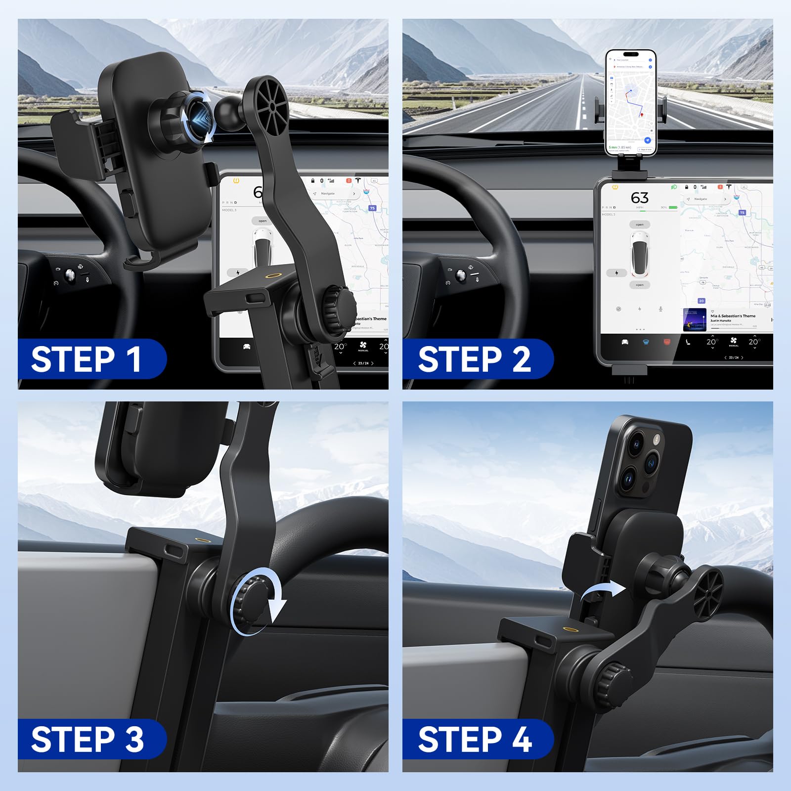Soporte de teléfono para Tesla Model ajustable, soporte de teléfono Tesla para modelo 3 y modelo Y, pantalla de consola central para instalar un soporte de teléfono celular, soporte de