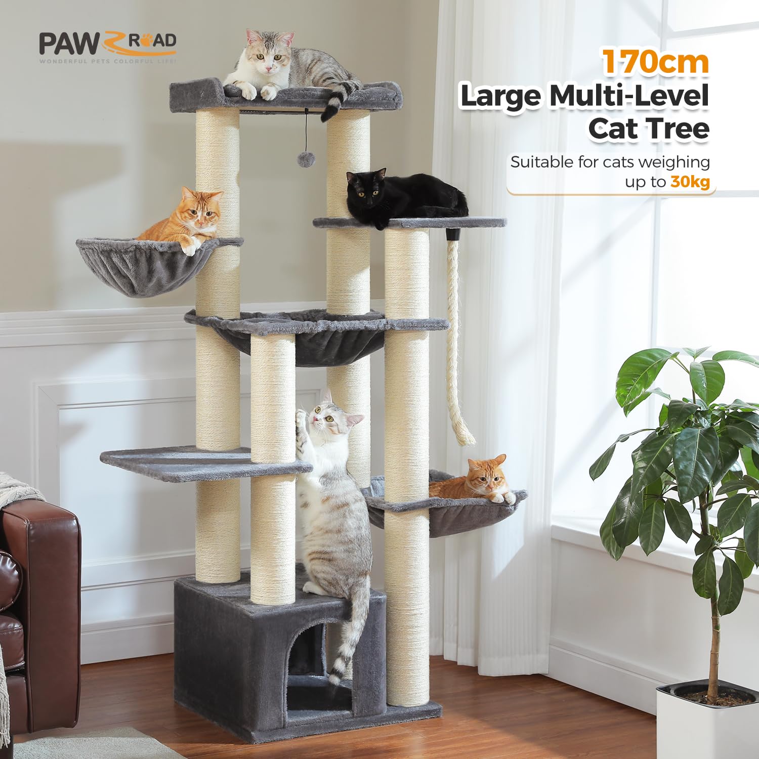 PAWZ Road Drapak dla dużych kotów, stabilny, z wieloma poziomami, hamak, 13 słupków sizalowych (śred. 11 cm), duże siedzisko, jaskinia, kosze, drapak XXL, 170 cm, szary