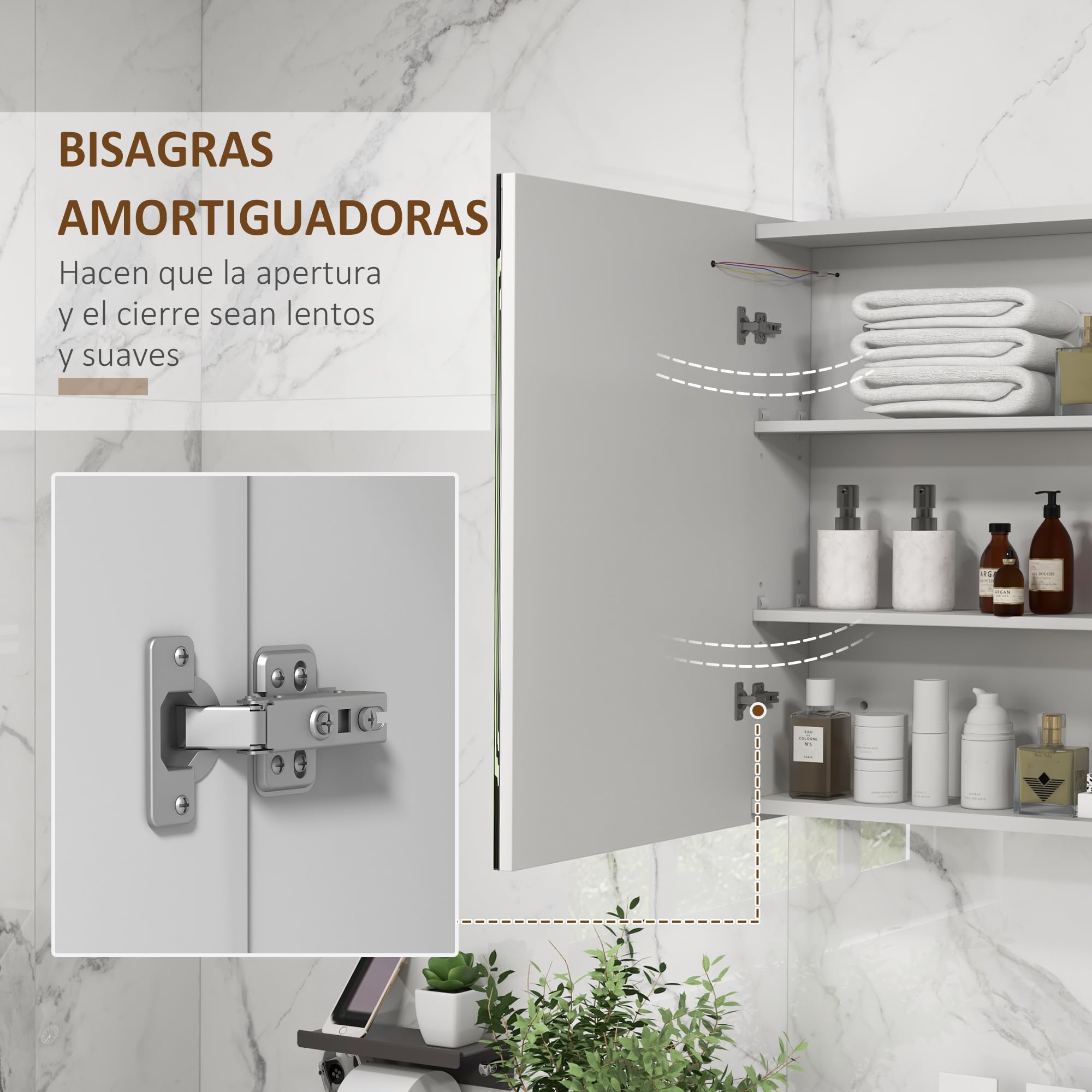 kleankin Armario de Baño con Espejo LED 80x15x65 cm Blanco Brillante | Camerino de Baño, Color de Luz Ajustable, 2 Puertas, Estantes Ajustables, Interruptor Táctil