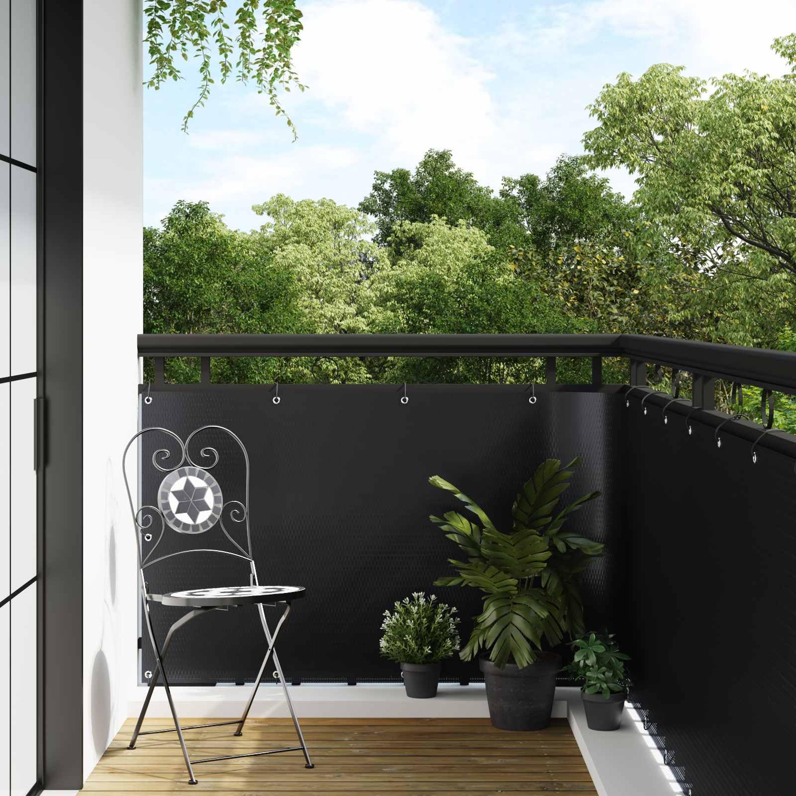 Balkonsichtschutz mit Ösen Schwarz, 600x100 cm Poly-Rattan Balkonbespannung, Sichtschutz für Balkongeländer, Terrasse und Gartenzaun, Windschutz und Sichtschutzmatte