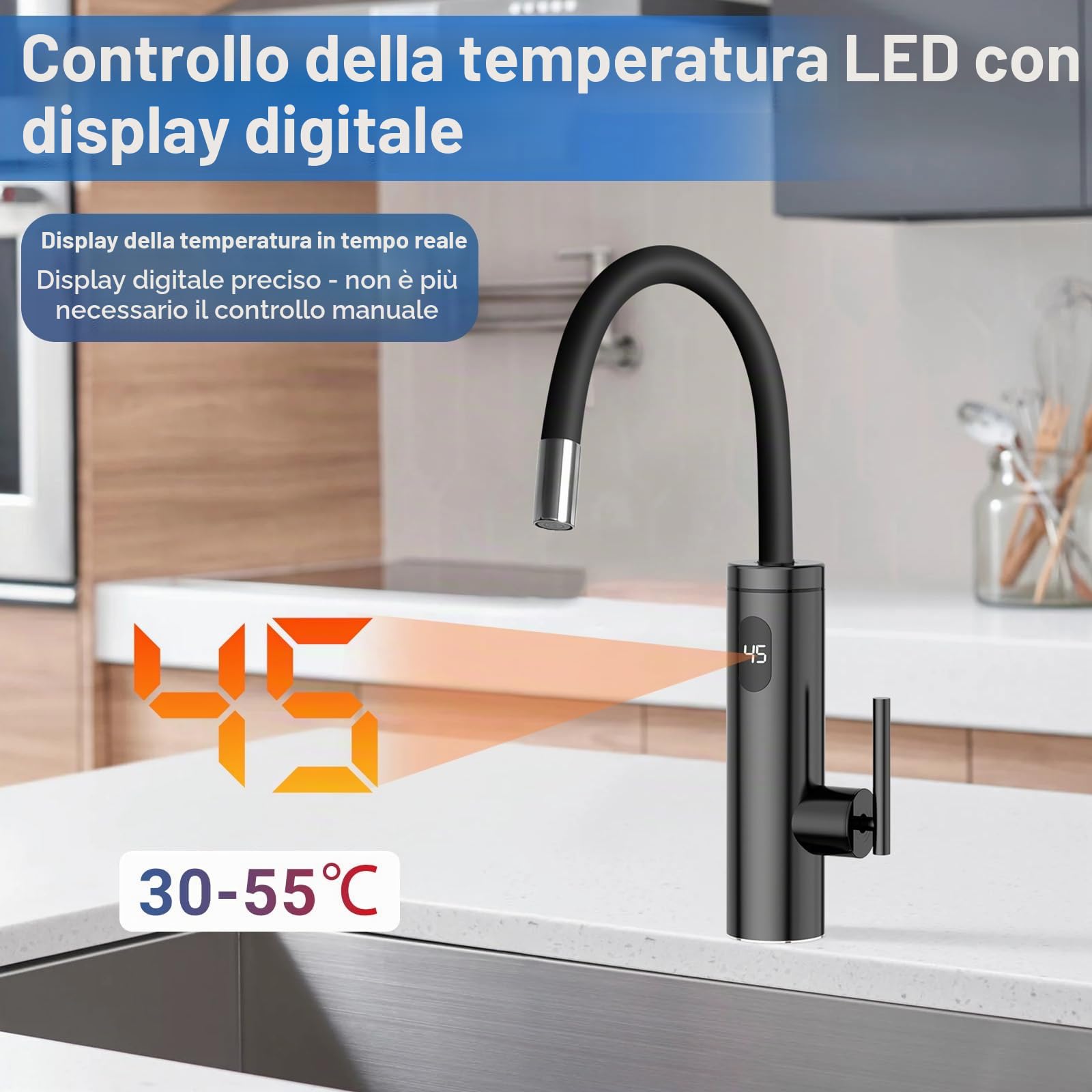 Rubinetto per Acqua Calda Istantanea, 3300W Acciaio Inox Elettrico con Scaldabagno Integrato, con 40cm Tubo di Alimentazione, 360° Tubo Flessibile Girevole, Controllo Della Temperatura a LED, Nero