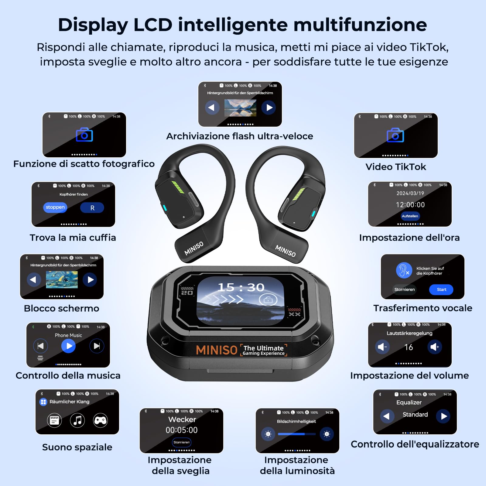 MINISO M98 AI Traduttore Cuffie, Cuffie Traduttore 3-in-1 in Tempo Reale con App, Cuffie Traduttore con LCD Touchscreen per 134 Lingue, Traduttore Auricolari Open Ear per Apprendimento, Viaggi