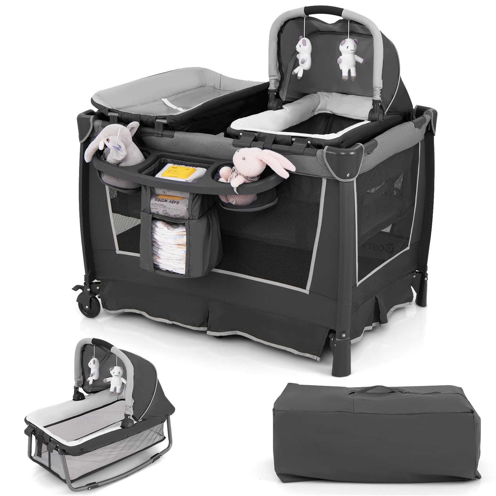DREAMADE 5 in 1 Babybett, Reisebett Baby mit Matratze, verstellbarem Baldachin, Wickeltisch & Laufstall, Platzsparendes Beistellbett mit Tragetasche für Baby 0-36 Monaten (Grau)