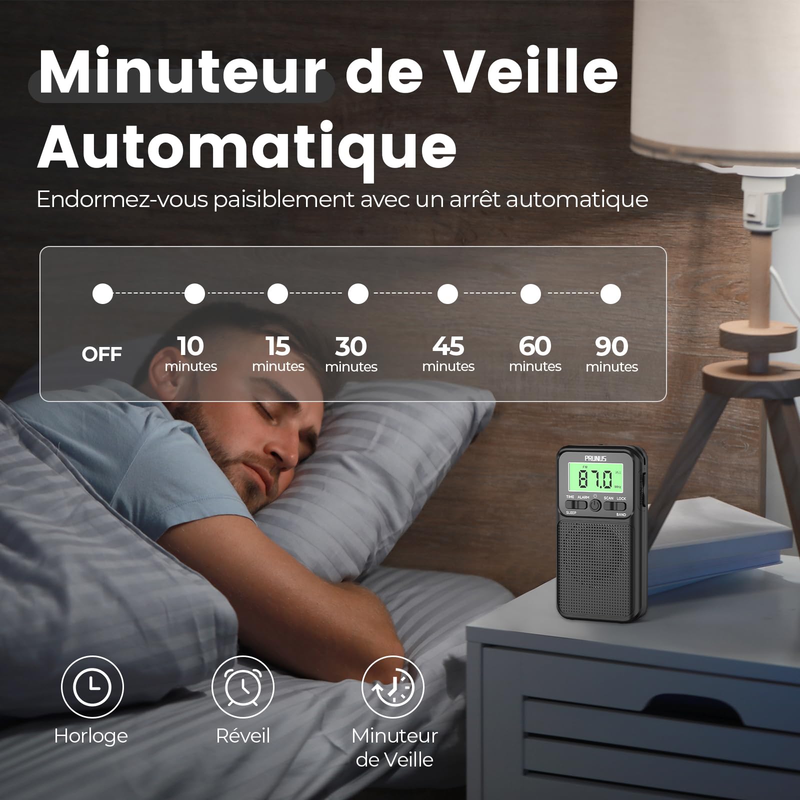 PRUNUS J-128 Radio Portable FM/AM, Réveil, Minuterie de Sommeil, Mini Radio de Poche, Design Anti-Contact, Piles 2xAA