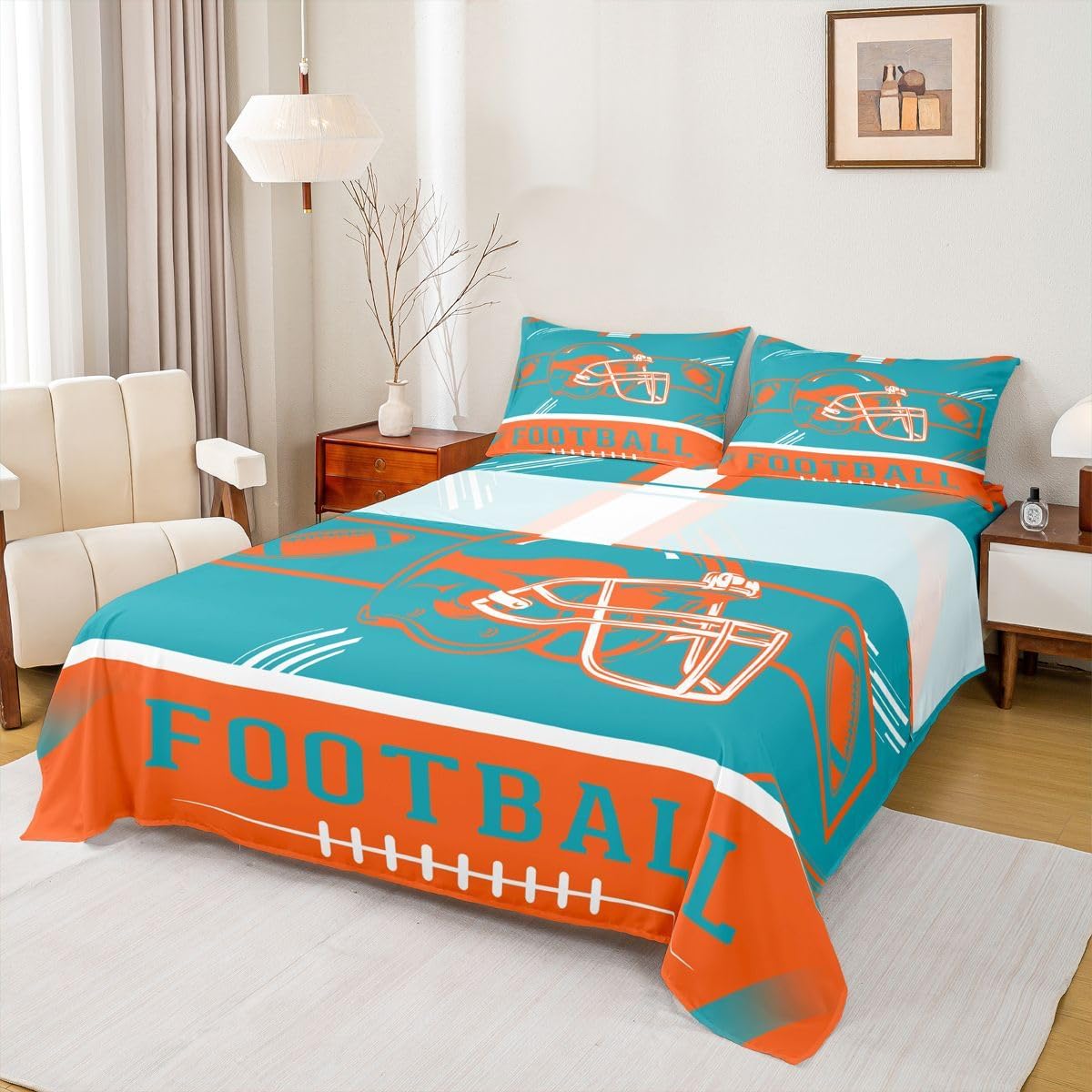 Erosebridal Rugby Helmet Bed Sheets Set King Sheets Sports Room Decor for Boys Kids Teens Gridiron Sheet Set, Teal Orange Seasonal Color Flat Fitted Sheet, Sports Fans Gifts