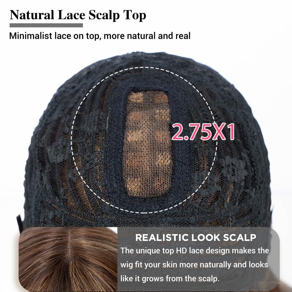 Rebecca Fashion 18 Inch Ombre Blonde Brown Straight Wig with Bangs Human Hair Silky Straight Bang Glueless Minimalist 2.75x1 Lace Scalp Wig for Women Glueless Wear and Go Brazilian Remy Hair - Image 3