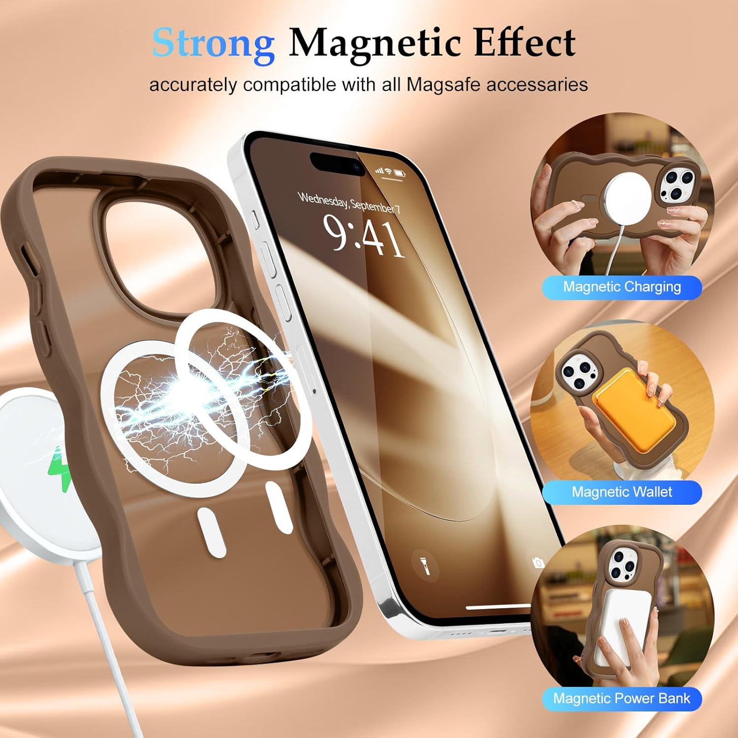 for iPhone 14 Pro Case, Curly Wavy Frame Hard Translucent Clear Back Cover for Women Men Compatible with Magsafe TPU Bumper Shockproof Drop Protection Phone Case for iPhone 14 Pro, Desert Gold - Image 3