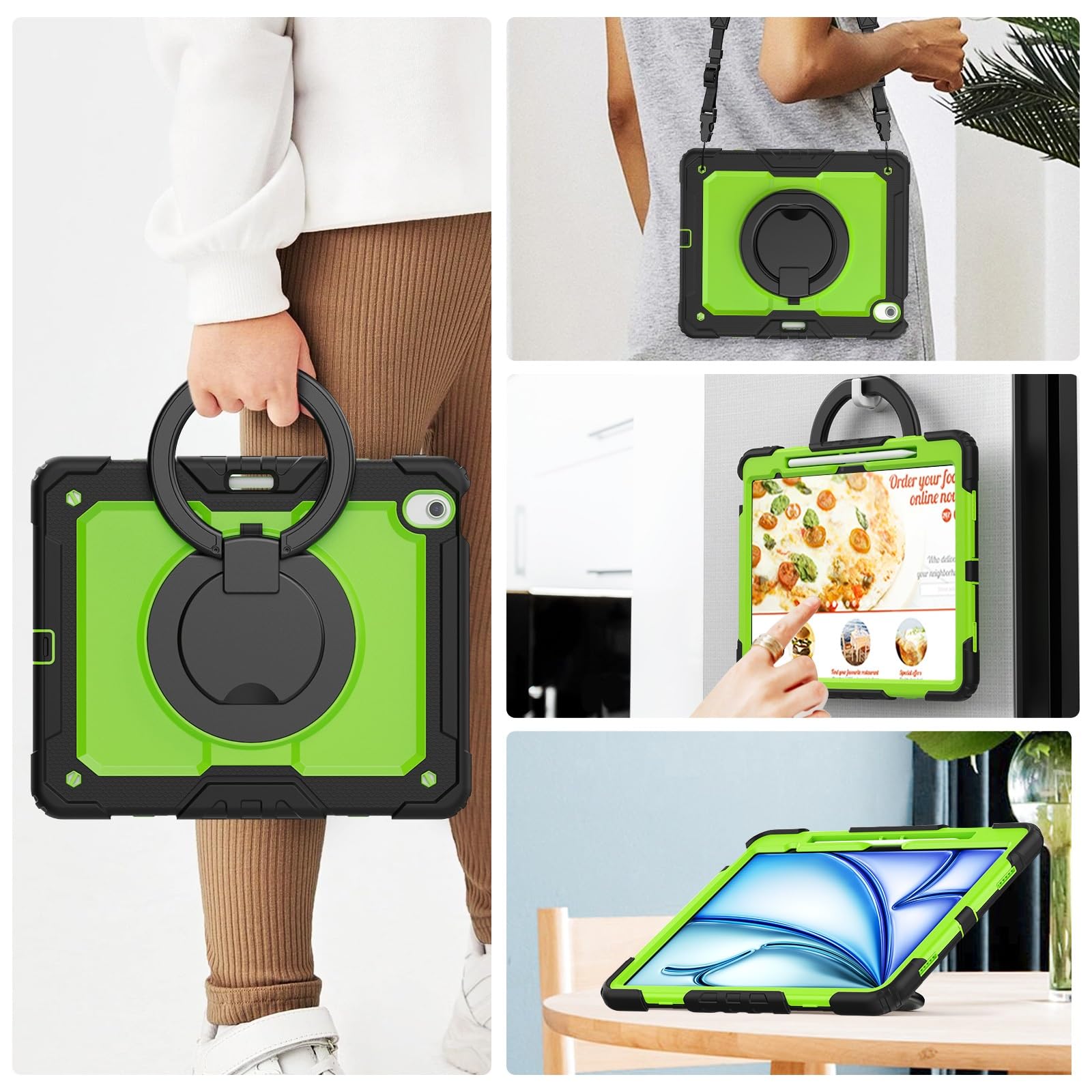 Kompatybilny z iPad Air 13 cali M2 2024 Etui ochronne na całą obudowę uchwytem ołówek i ochraniaczem ekranu, wytrzymała, solidna obudowa obrotowym silikonowym(Yellow Green 2)