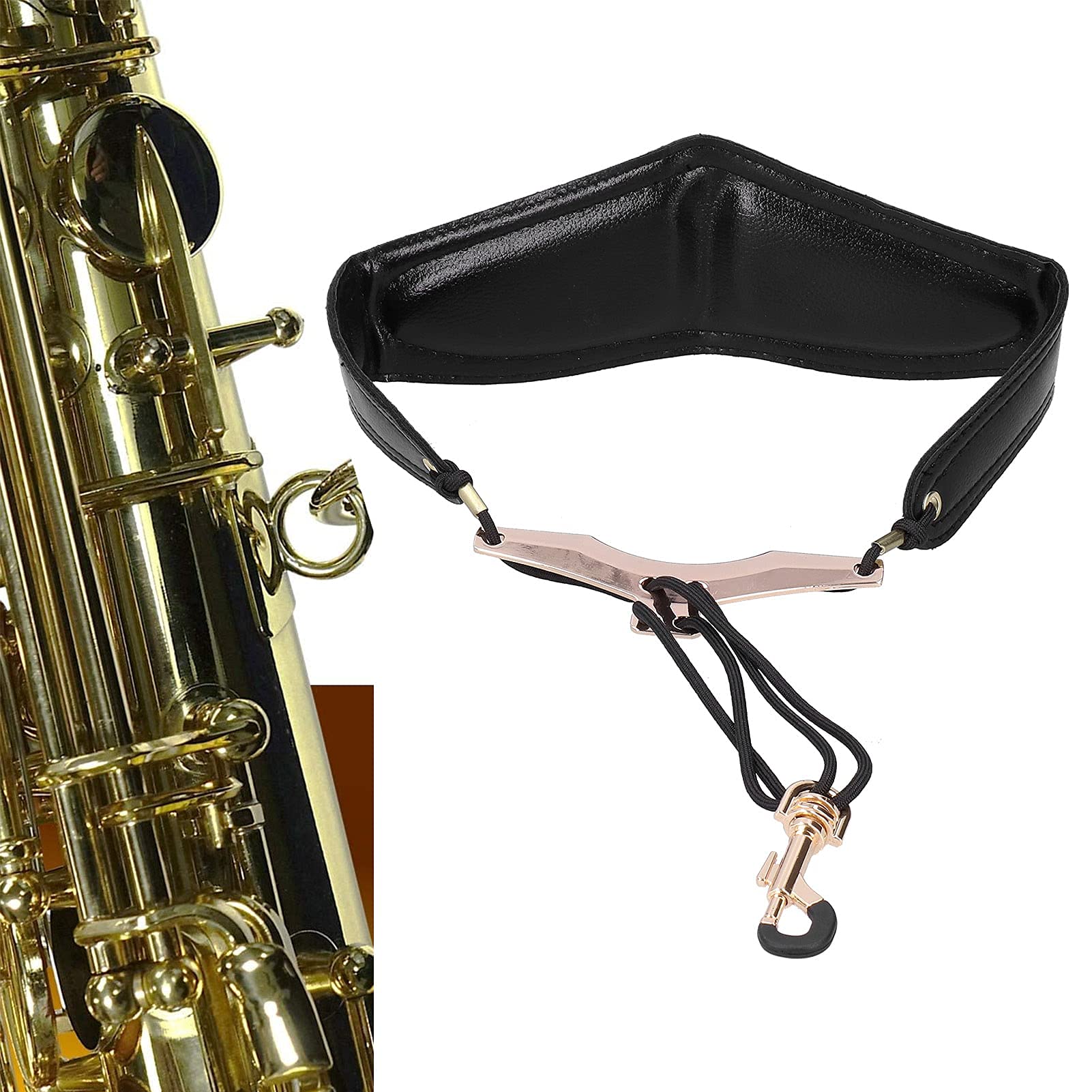 Saksofonowy Pasek na Szyję Regulowany Sax PU Skórzany Pasek na Ramię z Ochronnym Metalowym Przyciskiem Obrotowym do Saksofonu Tenorowego Sopranowego