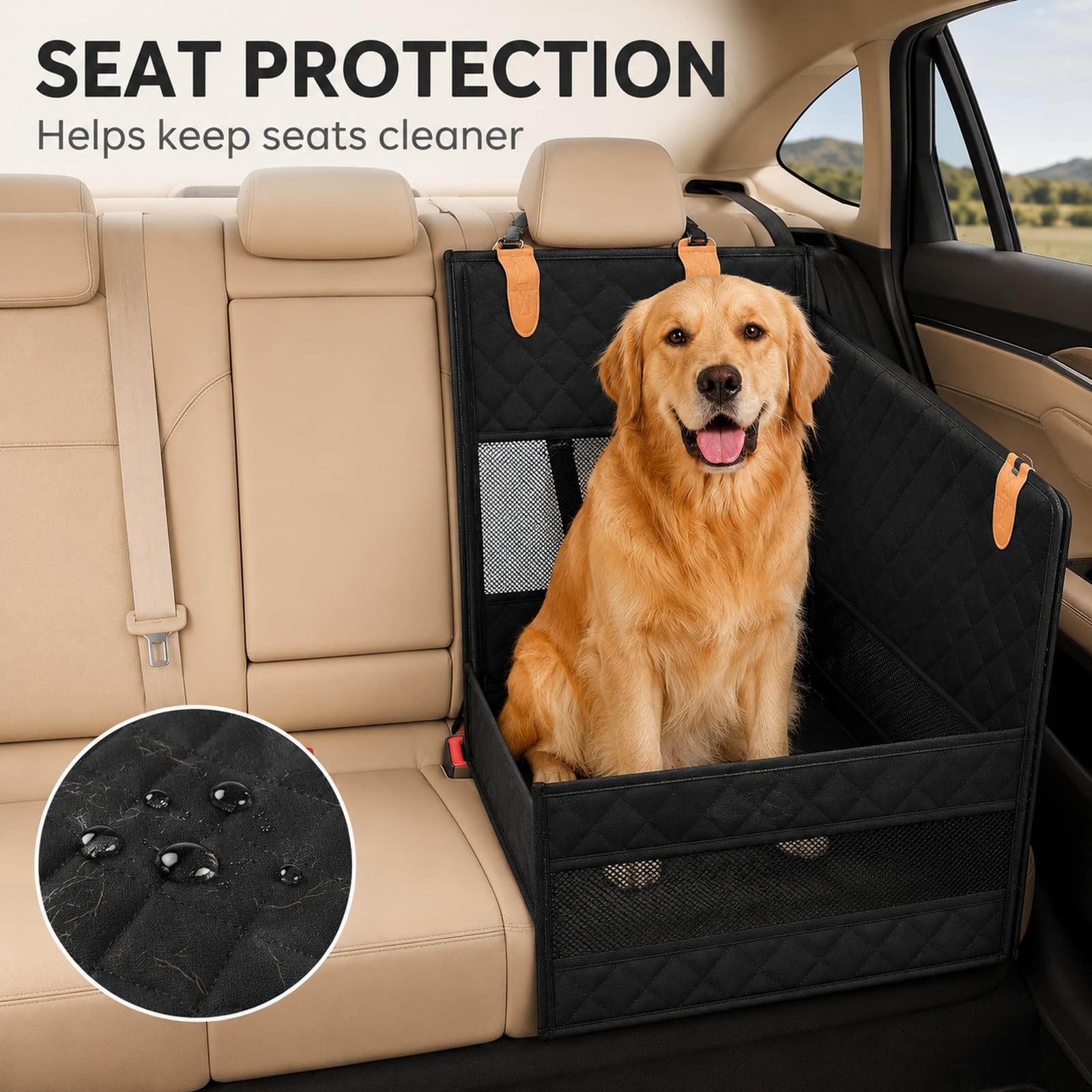 GOOGO Hunde Autositz für Rückbank, Wasserdichter Hundesitz Auto Rückbank mit Netzfenstern und 4 Befestigungsgurten, Hundekorb Auto Rücksitz für für Mittelgroße und Große Hunde (Schwarz)