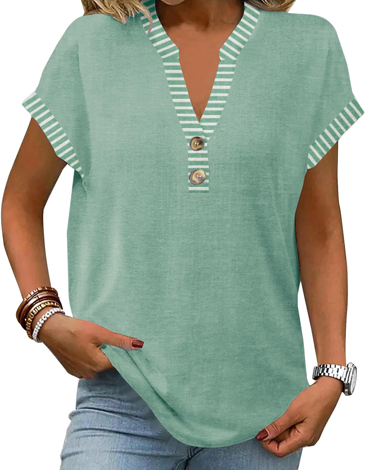 Womens Striped Henley Summer Tops V Neck Button Dressy Casual T Shirts Blouses 2026 Trendy Clothes