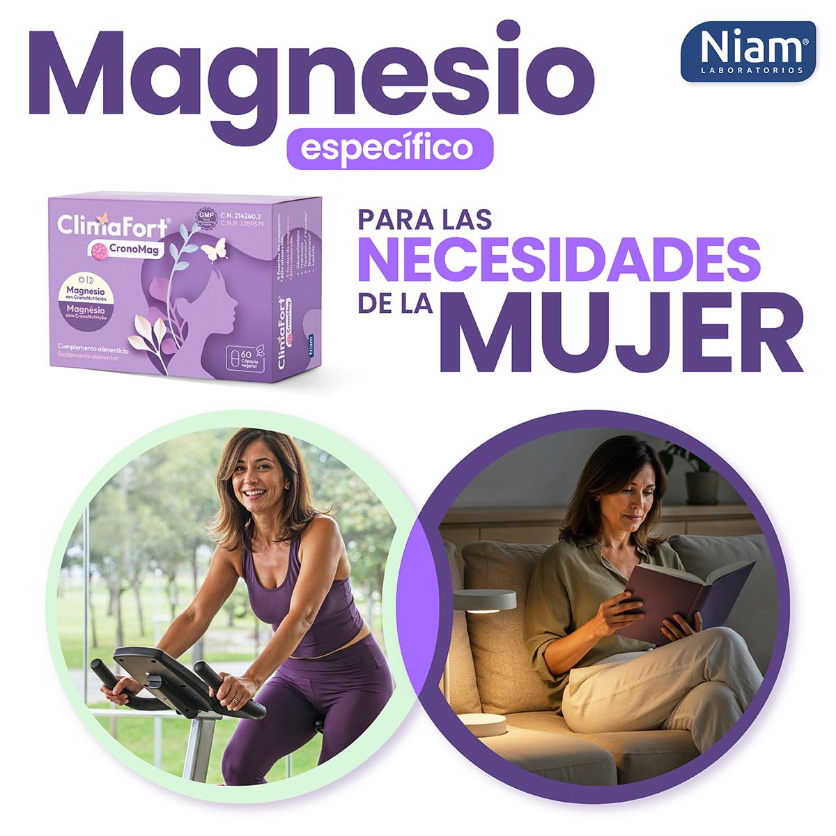 [Pack de 2] ClimaFort CronoMag | Magnesio para la Mujer | 5 Sales Glicinato, Glicerofosfato | Vitamina B12 | Energía, Relajación | Crononutrición | 120 Cápsulas