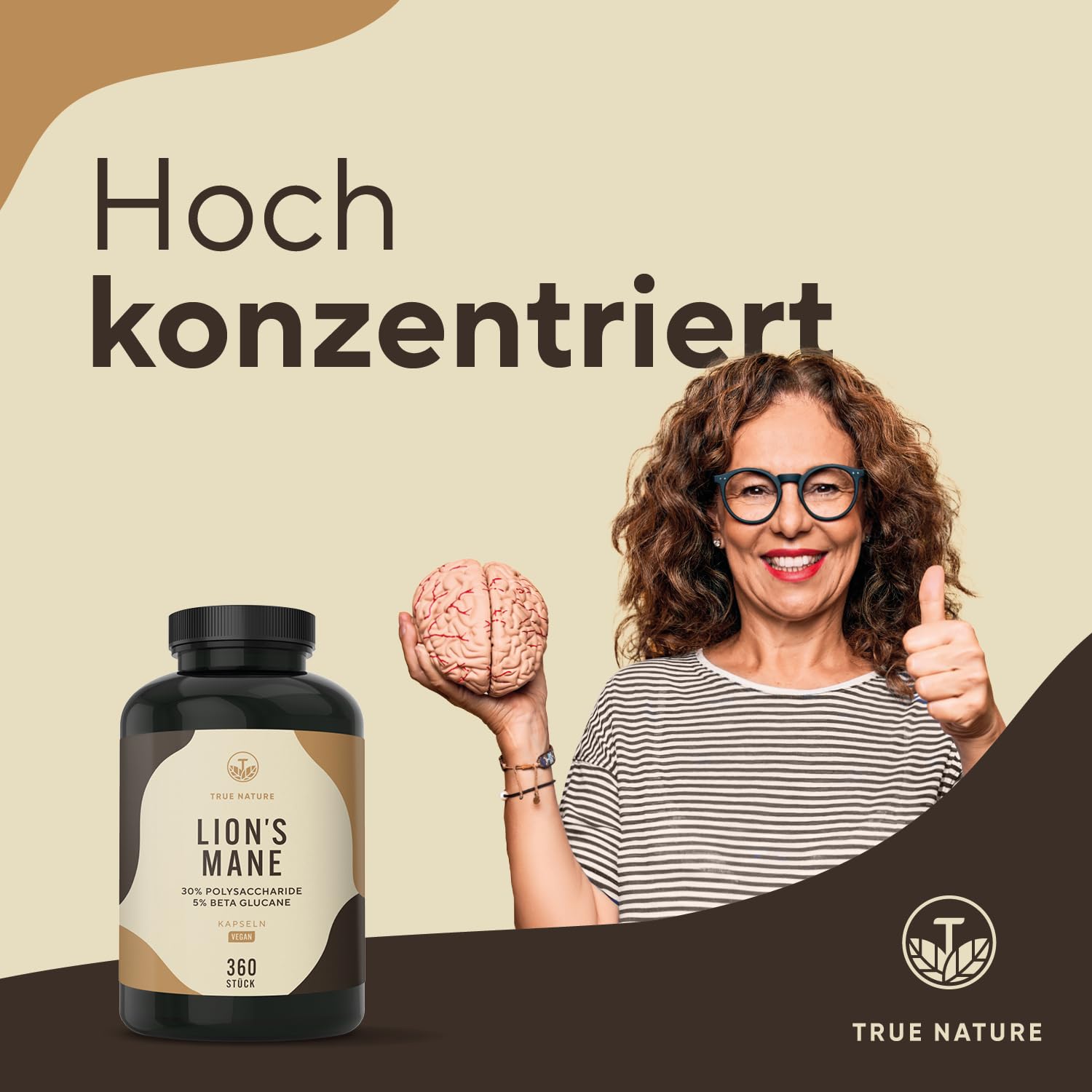Lions Mane - 360 Kapseln - 2000mg pro Tag - 30:1 Extrakt (60000mg Hericium/Löwenmähne Pilz) - 30% Polysaccharide & 5% Beta Glucan - 500mg Hericium Erinaceus je Kapsel - Laborgeprüft - TRUE NATURE