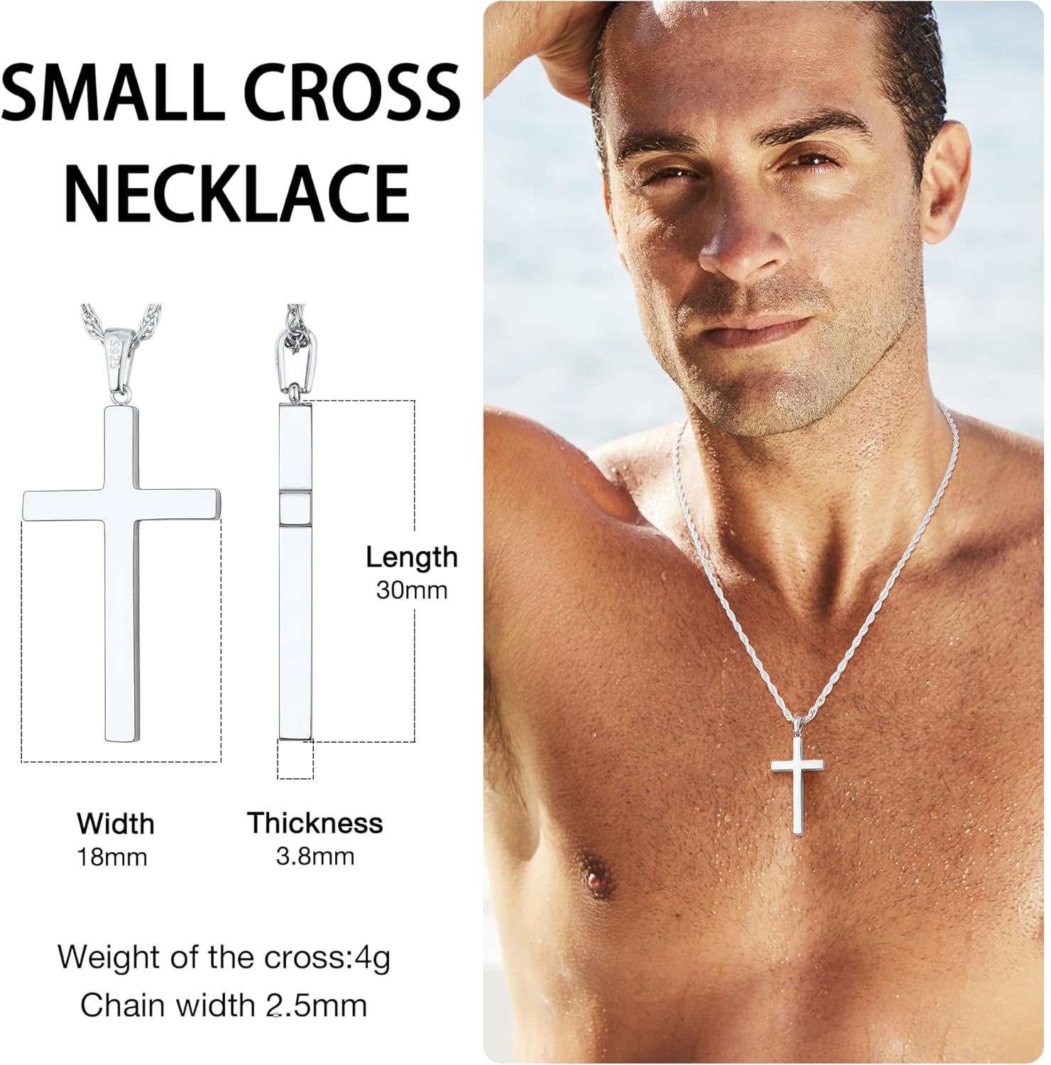 925 Sterling Silver Cross Necklace for Men, 18k Gold Plated Sterling Silver Cross Necklace with 2.5mm Top Craftsmanship Rope Chain for Men Boys Women, Sturdy Shiny Non Tarnish 16-26 Inch - Image 4