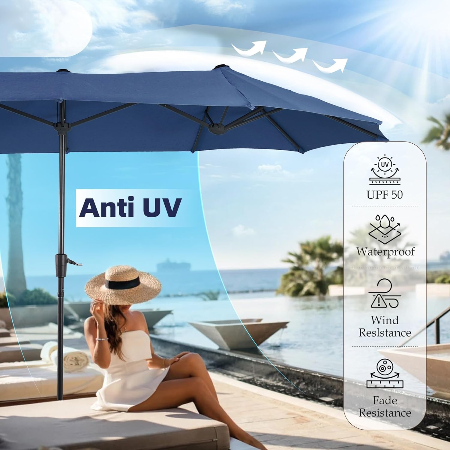 PHI VILLA 13 ft Outdoor Patio Umbrella, Large Rectangular Double Sided Market Table Twin Umbrellas with Crank Handle for Deck Pool, Navy Blue