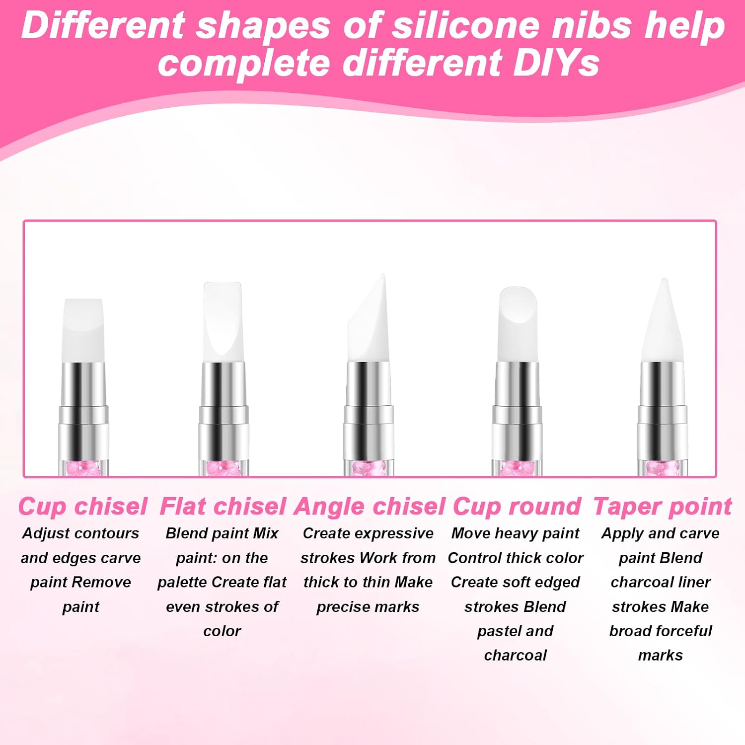 5 Pcs Nail Art Sculpture Pen, Dual Tipped Silicone Nail Tools, Silicone Head Acrylic Handle Nail Art Brushes, Rhinestone Nail Polish Carving Pen, Nail Art Tools for Home Salon (Pink)