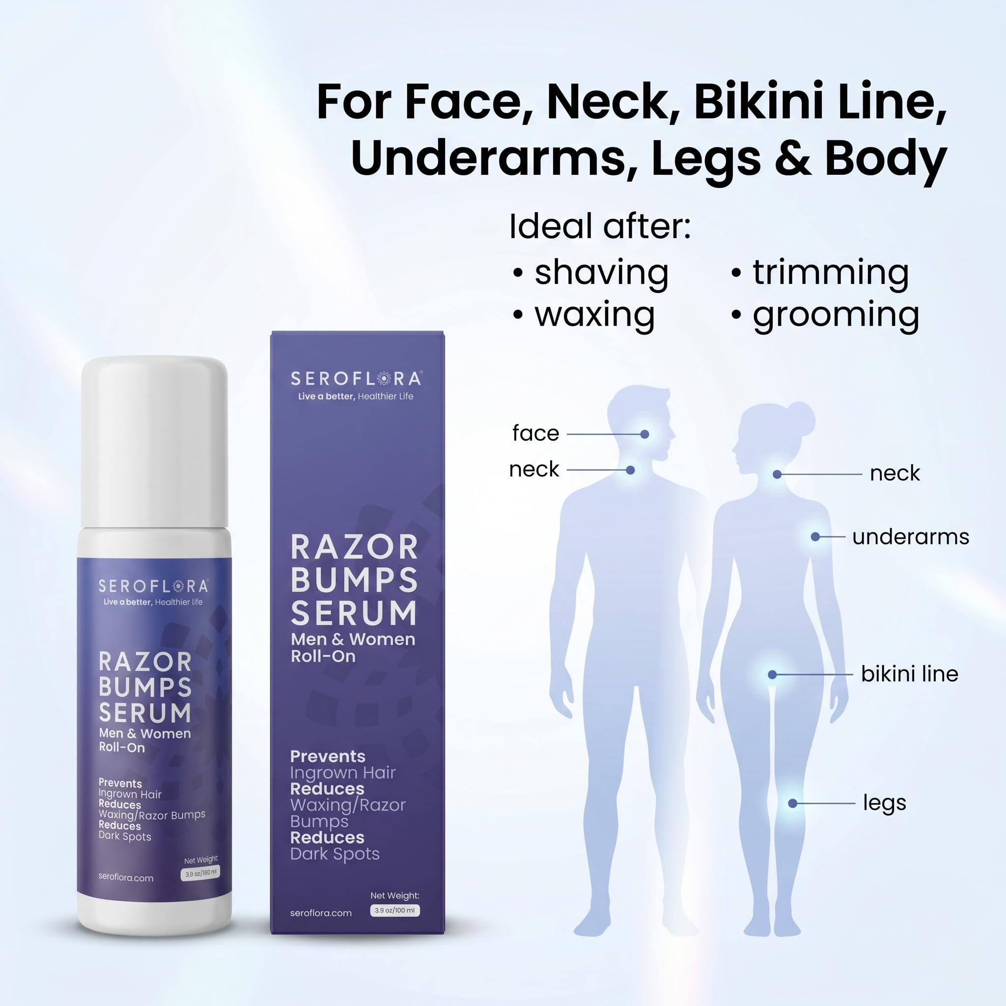 Seroflora Razor Bumps Tratamiento para mujeres – Tratamiento de cabello encarnado – Bump de afeitar para zona del bikini – Después del afeitado y la depilación con cera – Roll-On, cara, piernas