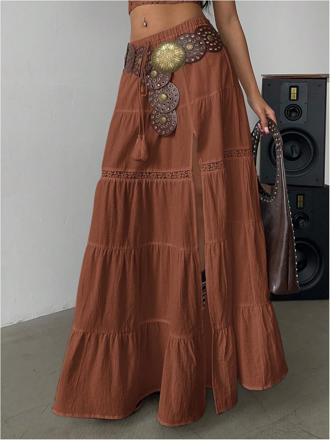 Verdusa Women's Long Maxi Skirts Boho Western Country Cncert Outfits Lace Skirt Split Layered Ruffle Skirt - Image 5